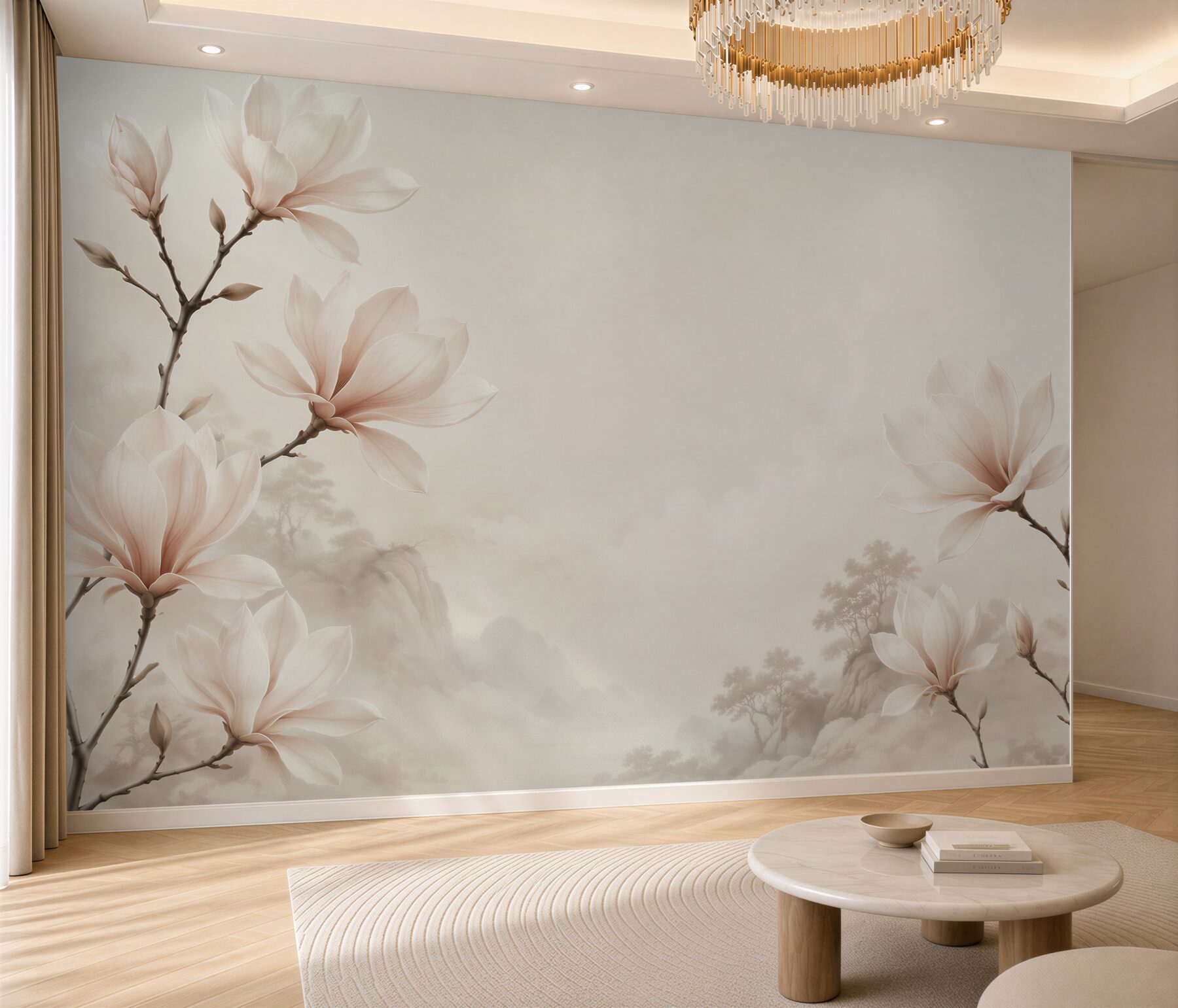 Fototapeta kwiaty magnolii beżowe na mglistym krajobrazie?v2345