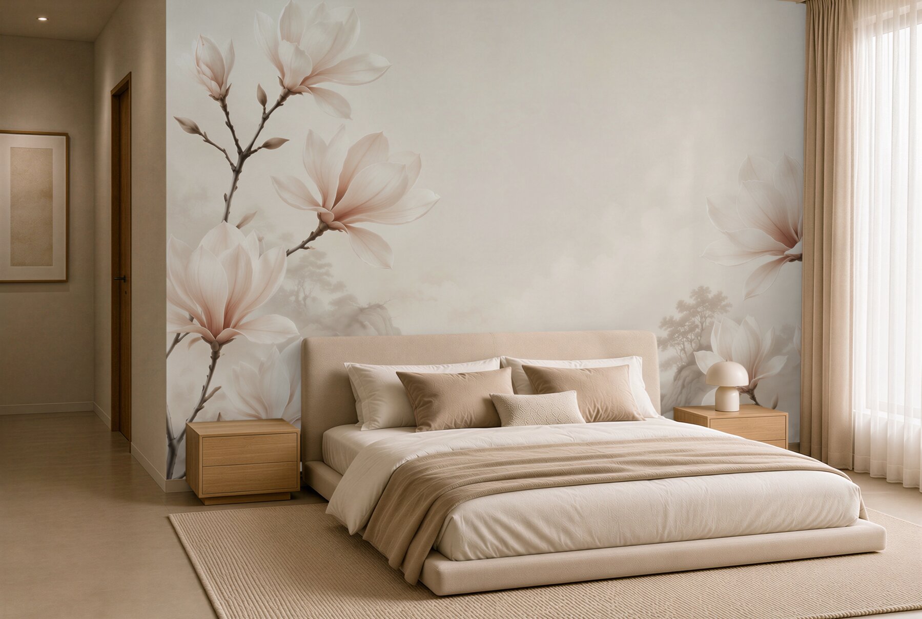 Fototapeta kwiaty magnolii beżowe na mglistym krajobrazie?v2345