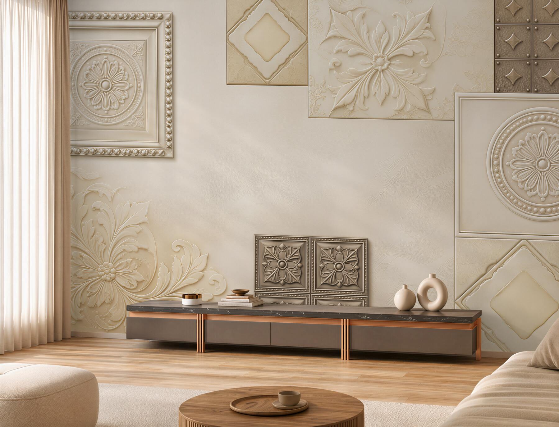 Fototapeta ornamenty 3D beżowe klasyczne do eleganckiego wnętrza?v2345
