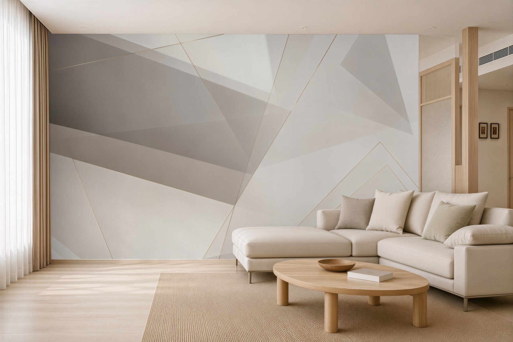 Fototapeta geometryczna abstrakcja beżowo szara ze złotymi liniami?v2345