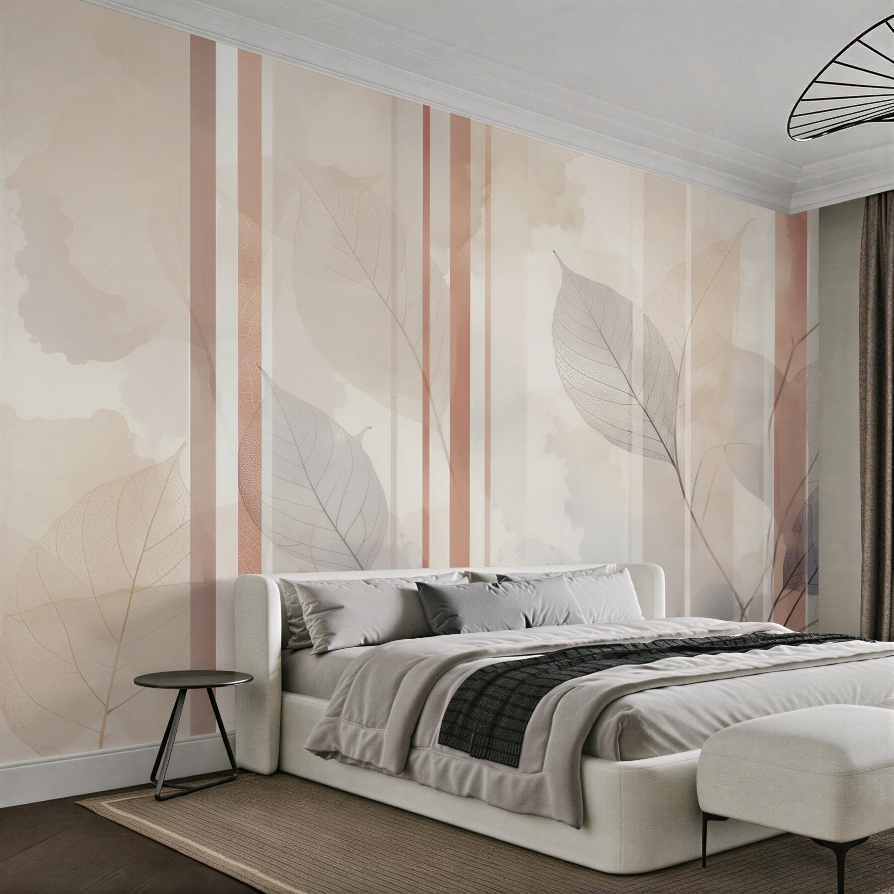 Fototapeta delikatne liście i pionowe pasy w beżowo pudrowym stylu glamour?v2345