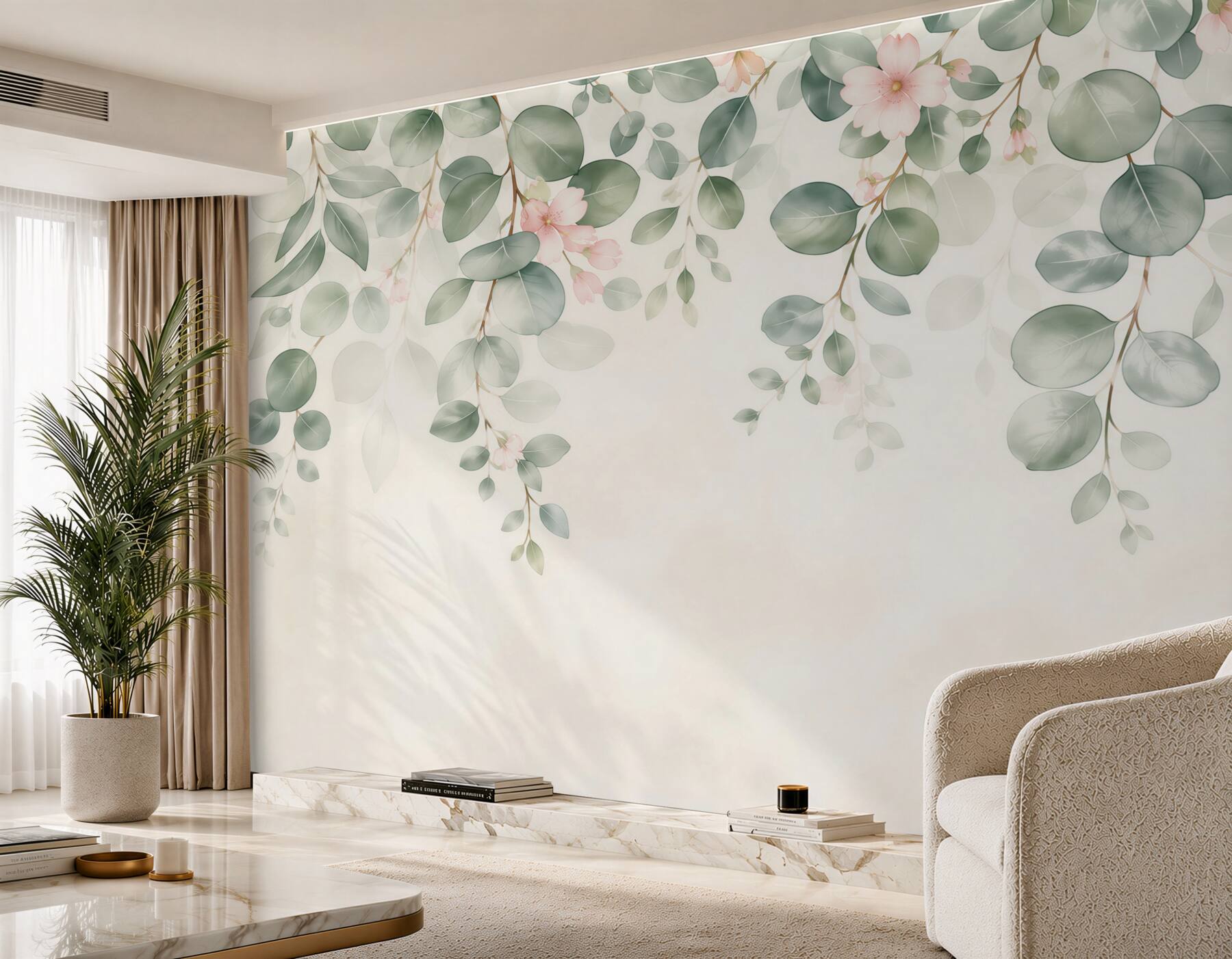Fototapeta zielone liście i delikatne różowe kwiaty w stylu botanicznym?v2345