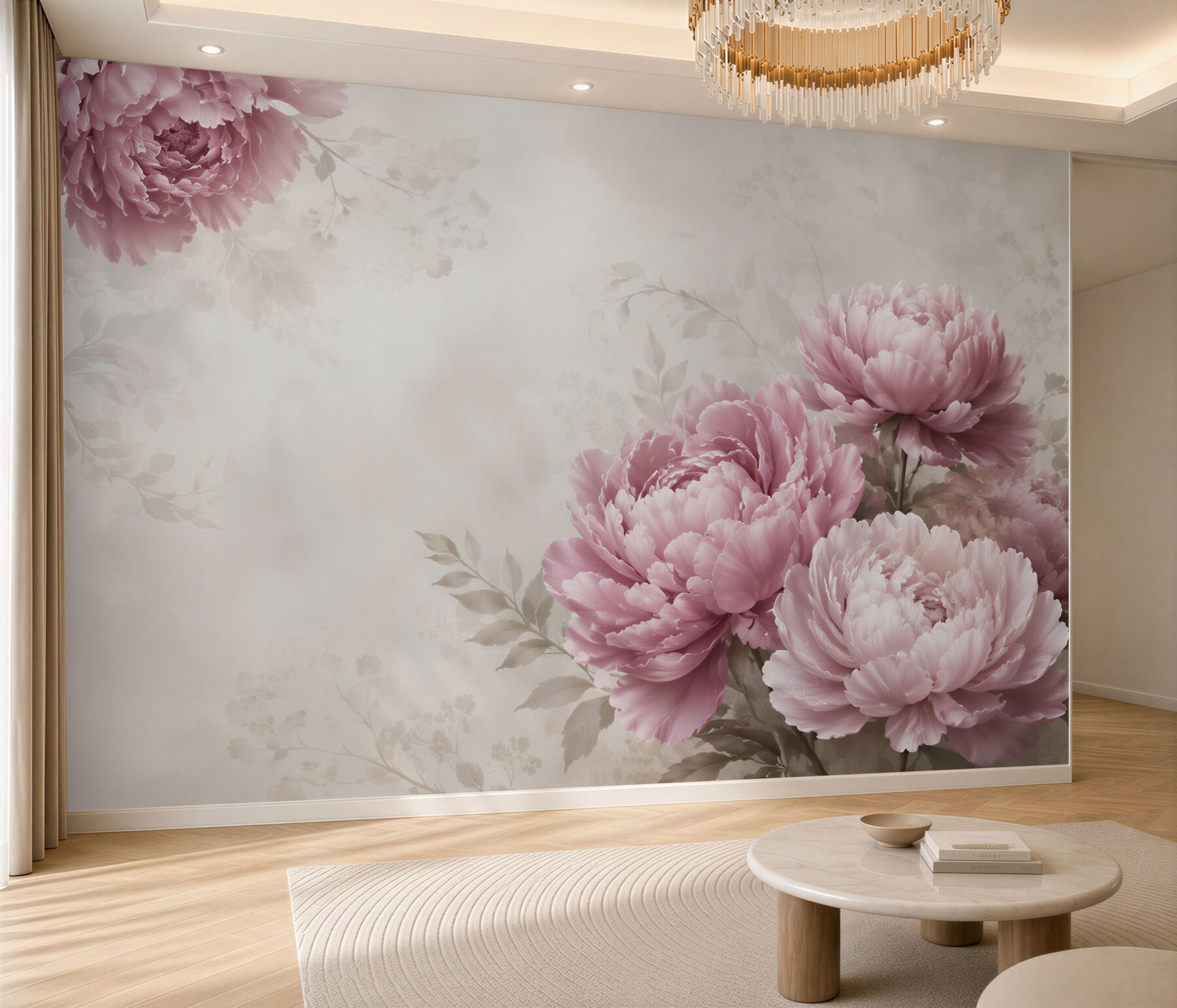 Fototapeta piwonie pudrowy róż na beżowym tle romantyczna elegancka?v2345