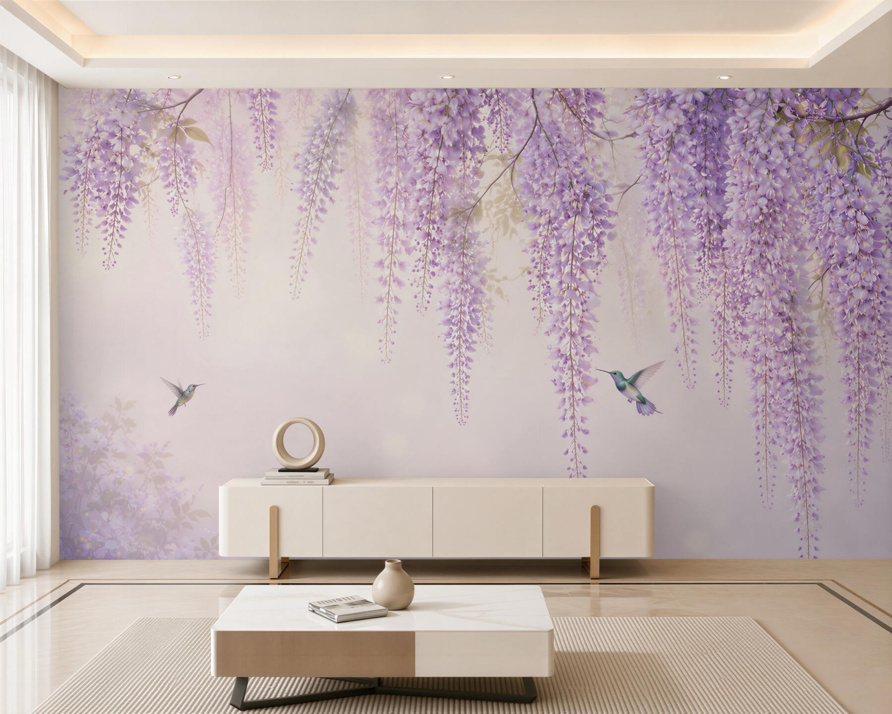 Fototapeta glicynia liliowa z kolibrami romantyczna do sypialni