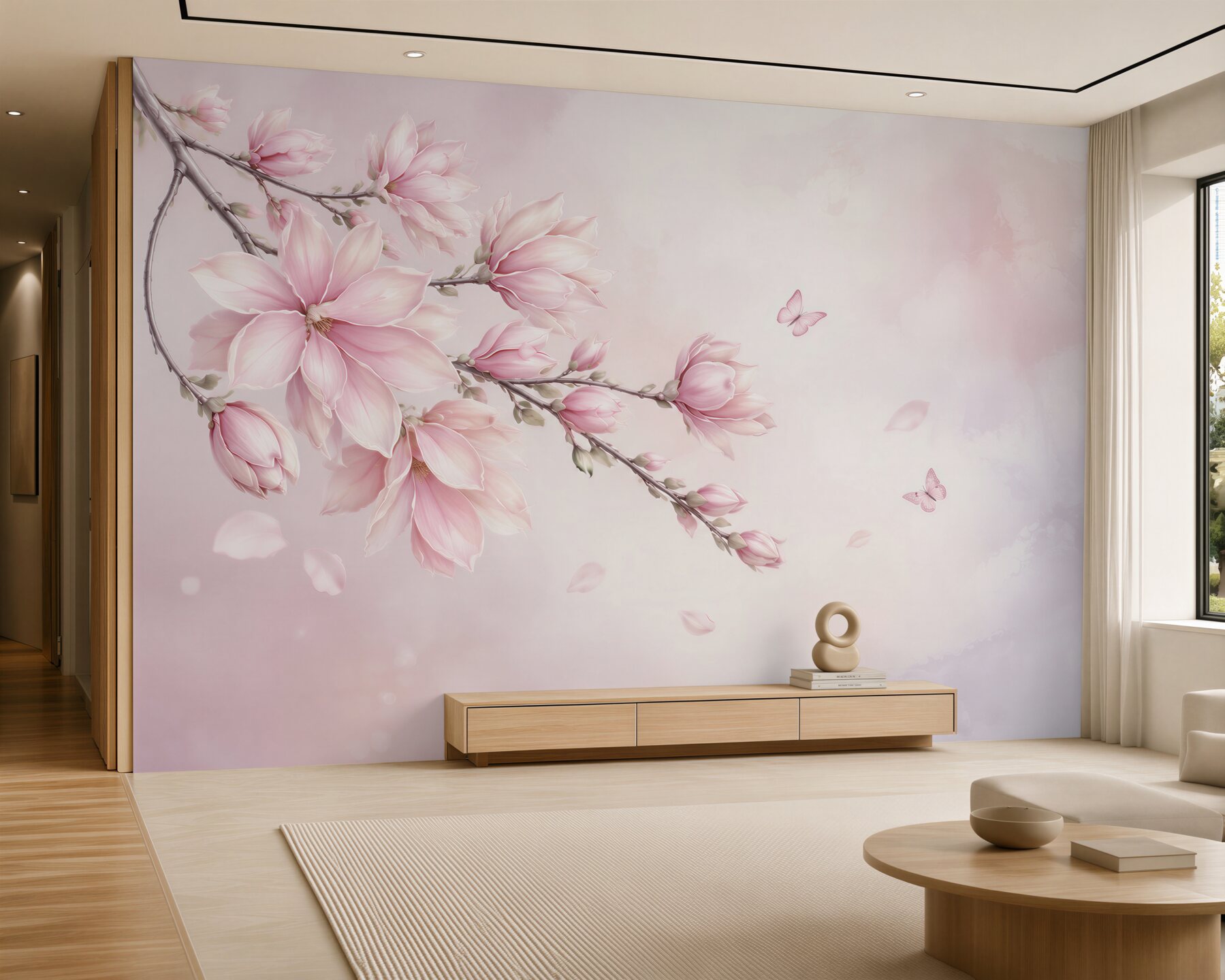 Fototapeta różowa magnolia z motylami delikatna do sypialni?v2345