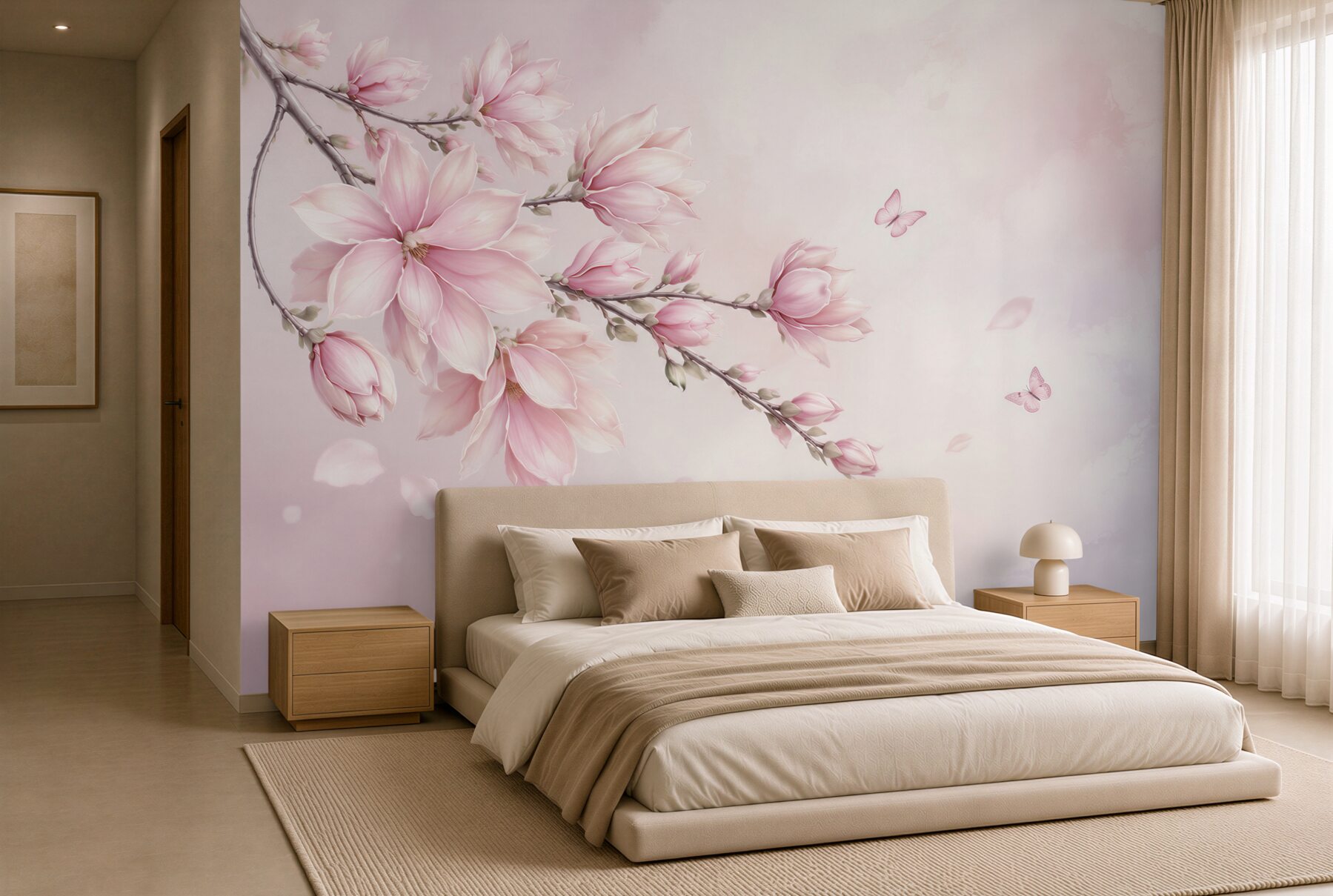 Fototapeta różowa magnolia z motylami delikatna do sypialni?v2345