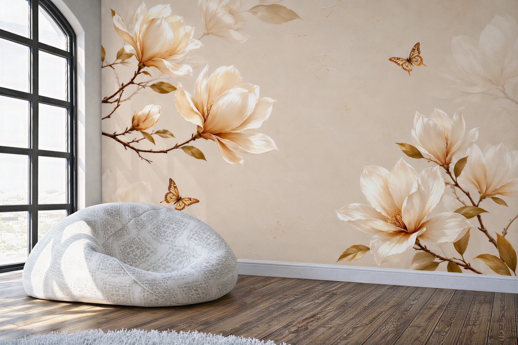 Fototapeta magnolie kremowe z motylami na beżowym tle elegancka?v2345
