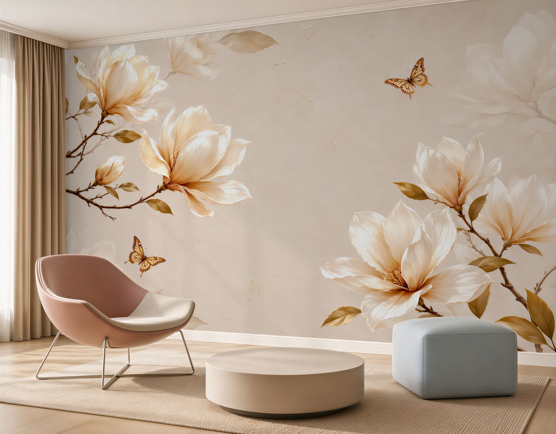 Fototapeta magnolie kremowe z motylami na beżowym tle elegancka?v2345