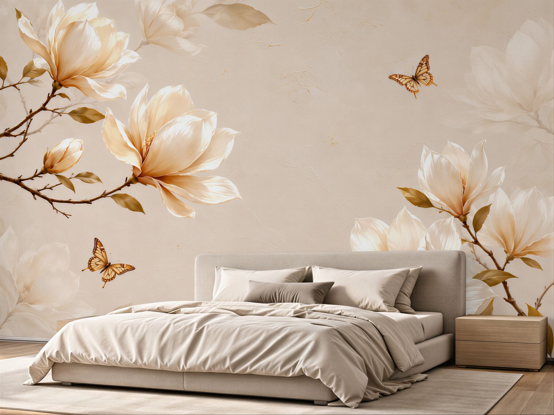 Fototapeta magnolie kremowe z motylami na beżowym tle elegancka?v2345