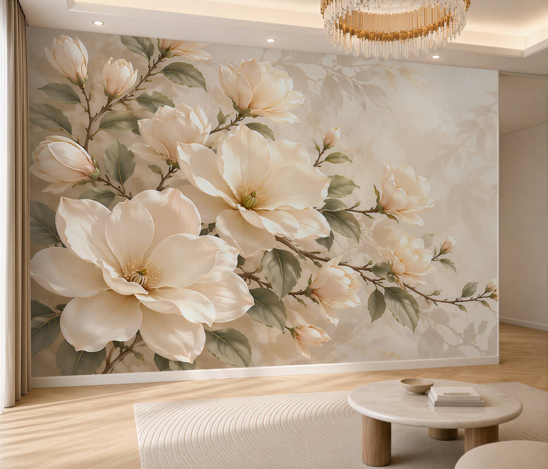 Fototapeta kremowe magnolie na gałęziach elegancka na beżowym tle?v2345