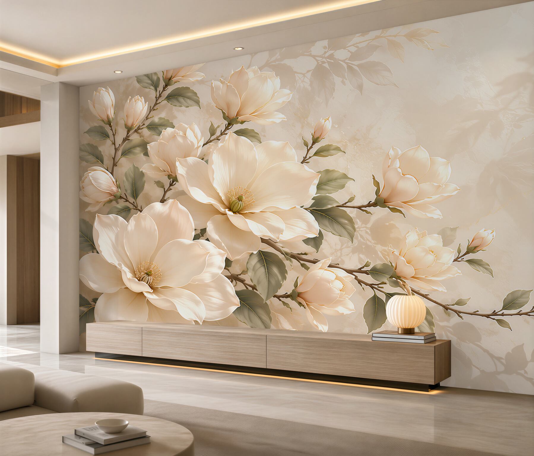 Fototapeta kremowe magnolie na gałęziach elegancka na beżowym tle?v2345