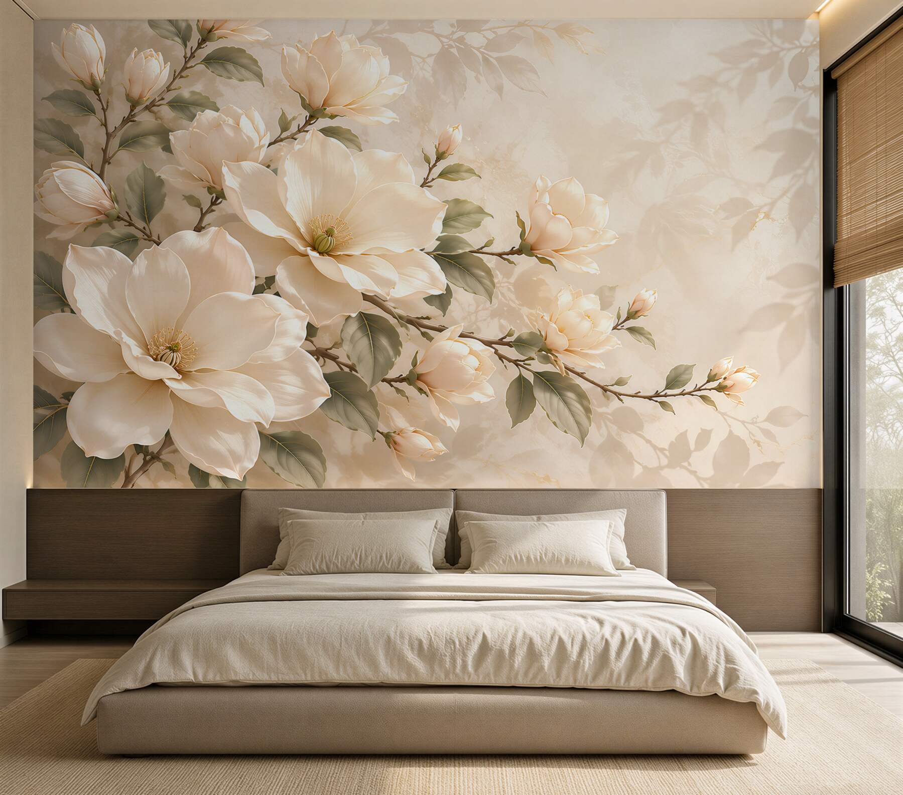 Fototapeta kremowe magnolie na gałęziach elegancka na beżowym tle?v2345