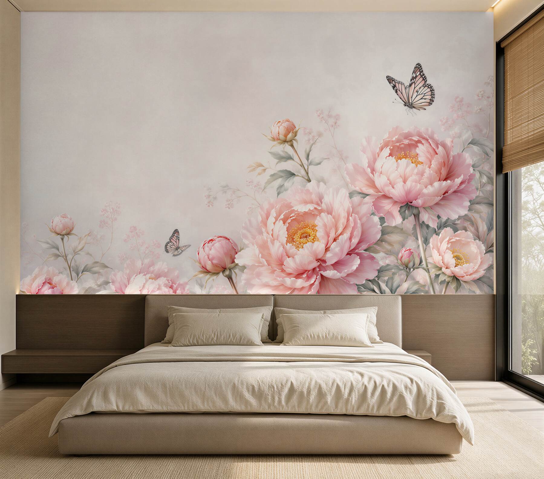 Fototapeta piwonie i motyle pastelowe na jasnym tle romantyczna?v2345