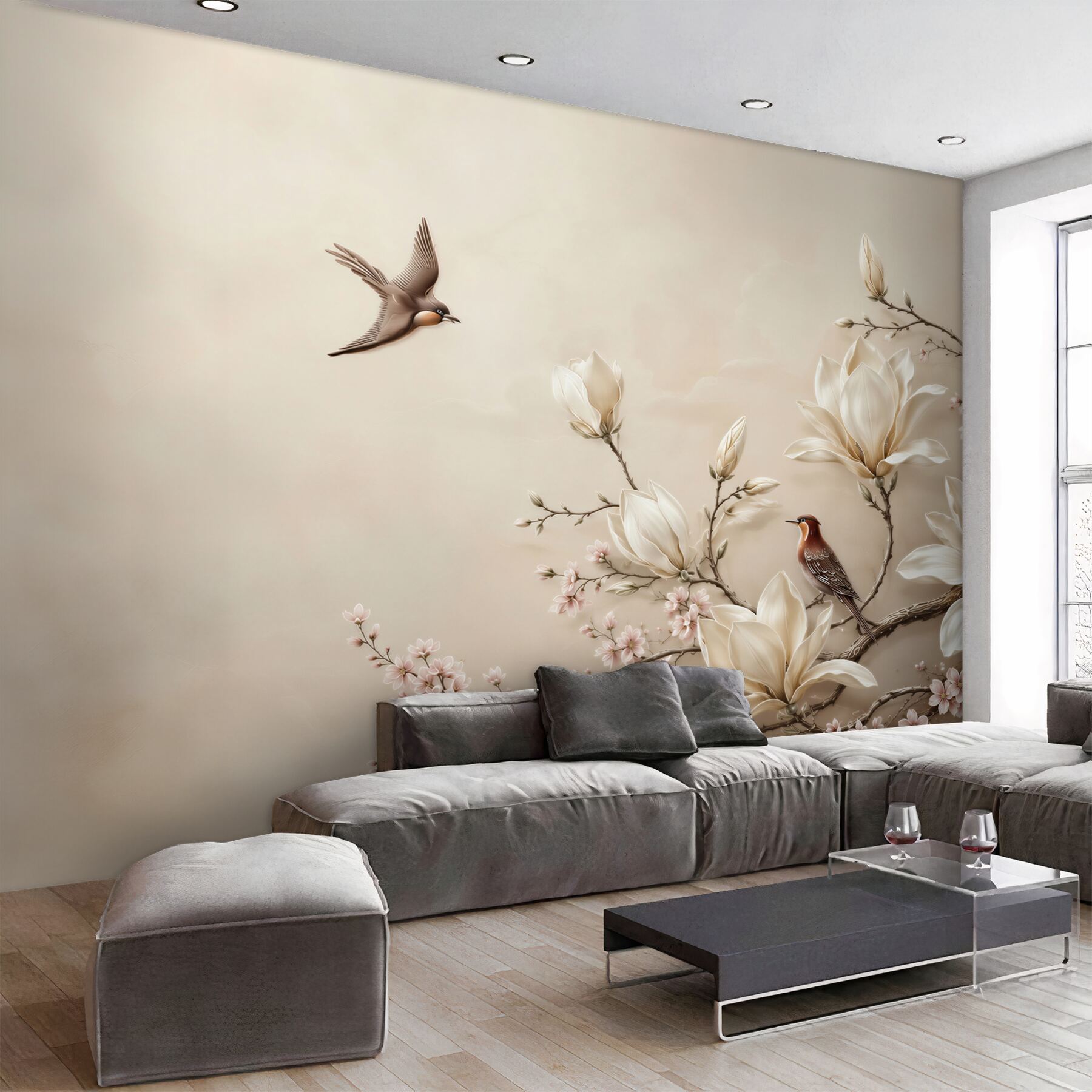 Fototapeta magnolie i kwitnące gałęzie z ptakami w beżowych pastelach?v2345