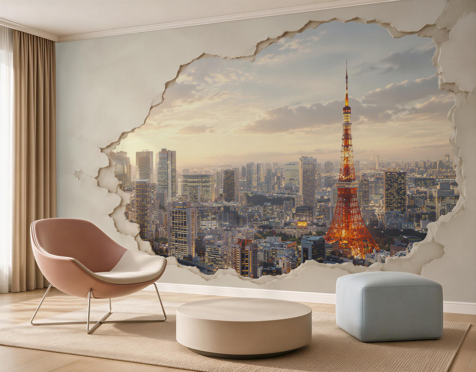 Fototapeta panorama Tokio z wieżą o efekcie pękającej ściany?v2345