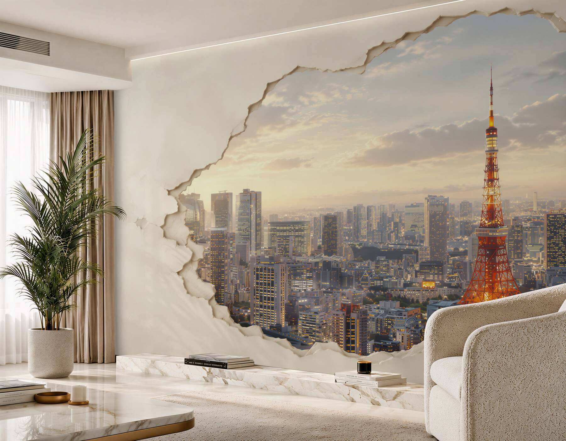 Fototapeta panorama Tokio z wieżą o efekcie pękającej ściany?v2345