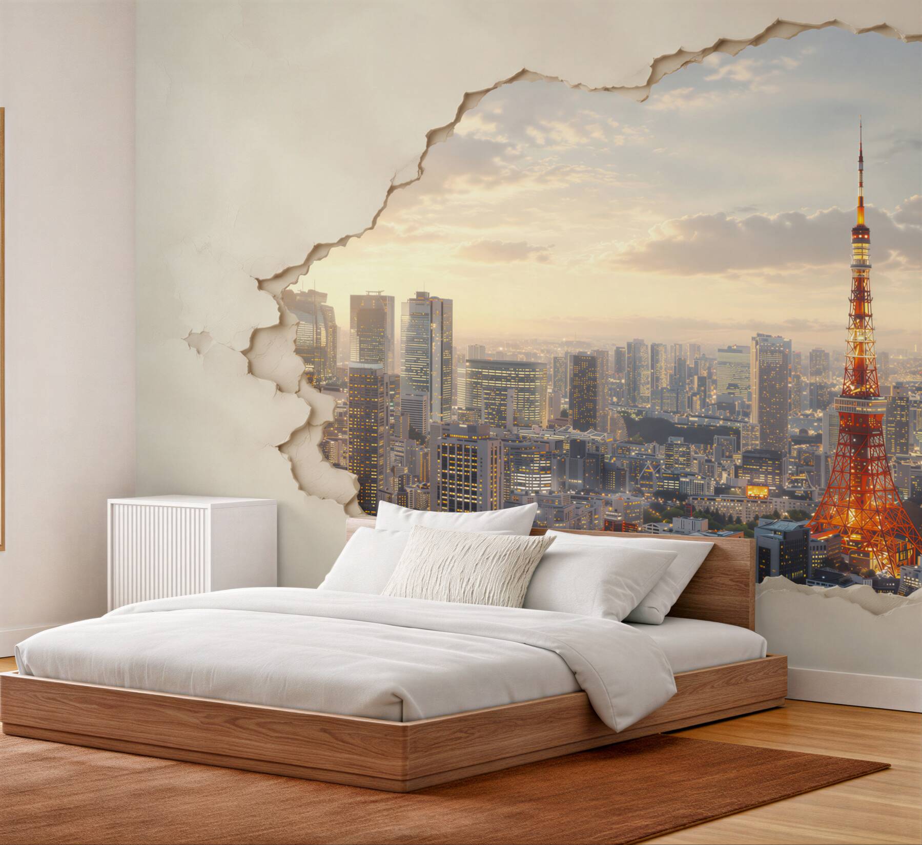Fototapeta panorama Tokio z wieżą o efekcie pękającej ściany?v2345