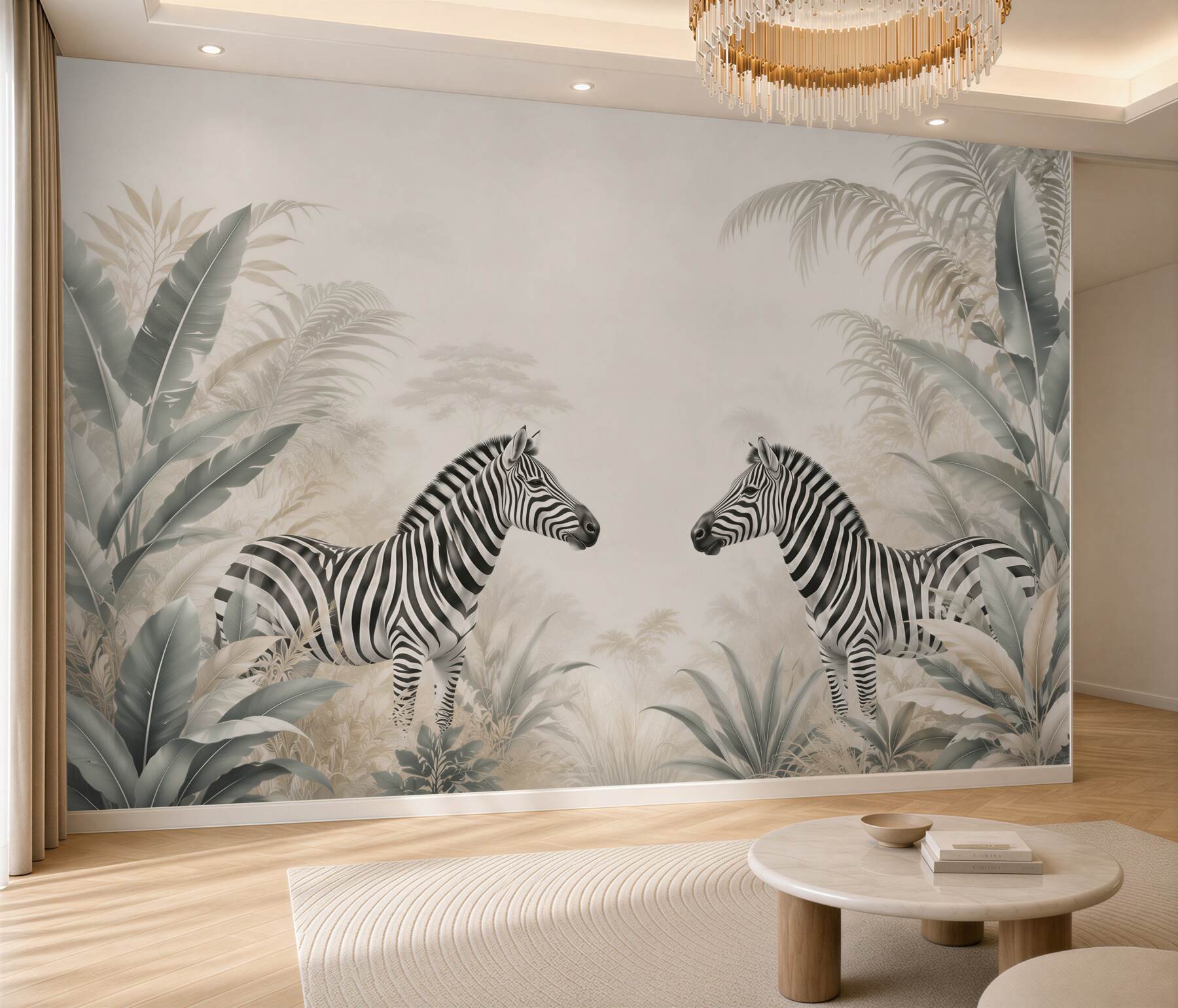 Fototapeta zebry w tropikalnych liściach beżowo szara safari?v2345
