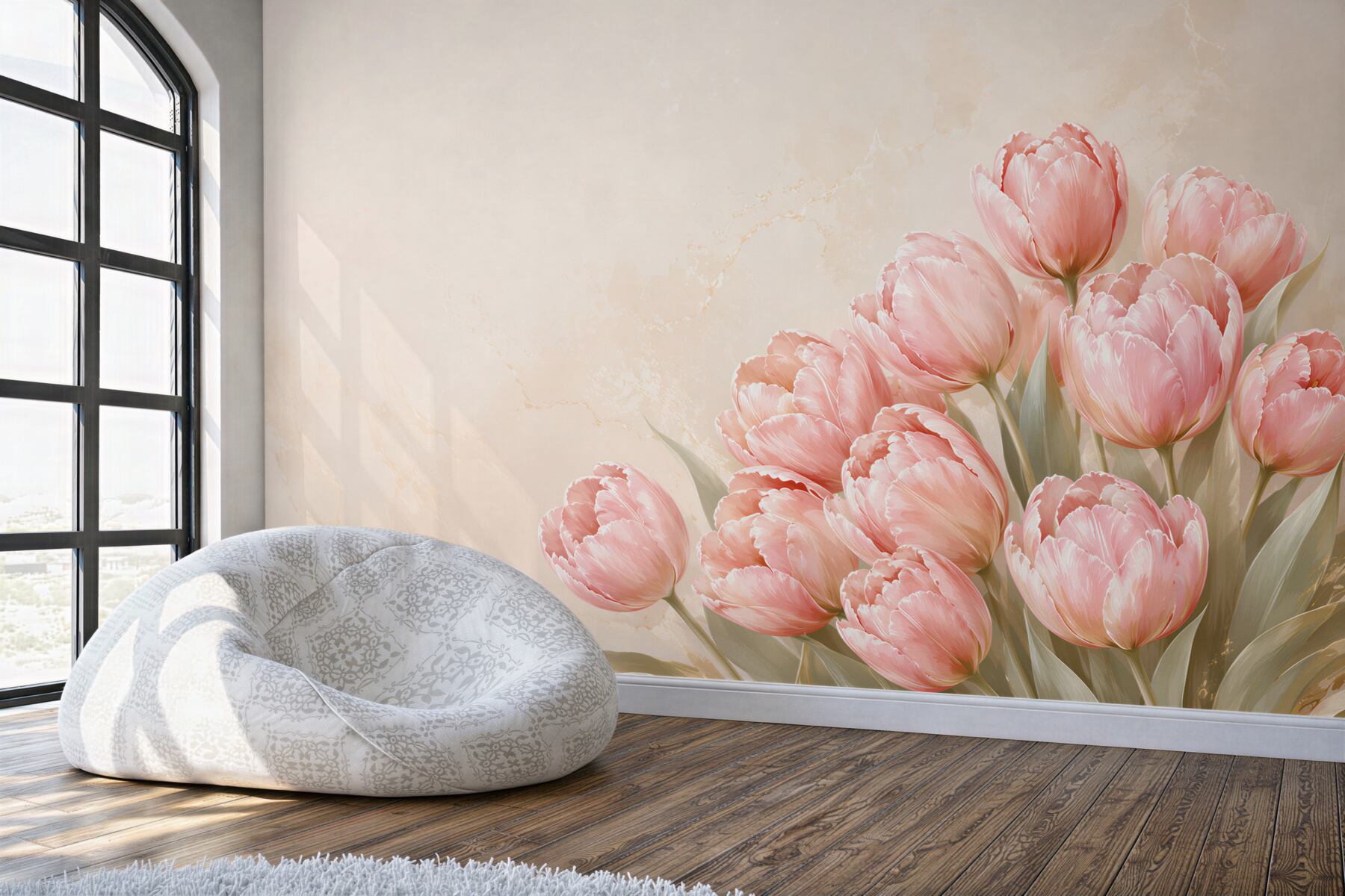 Fototapeta różowe tulipany na beżowym tle elegancka do salonu?v2345