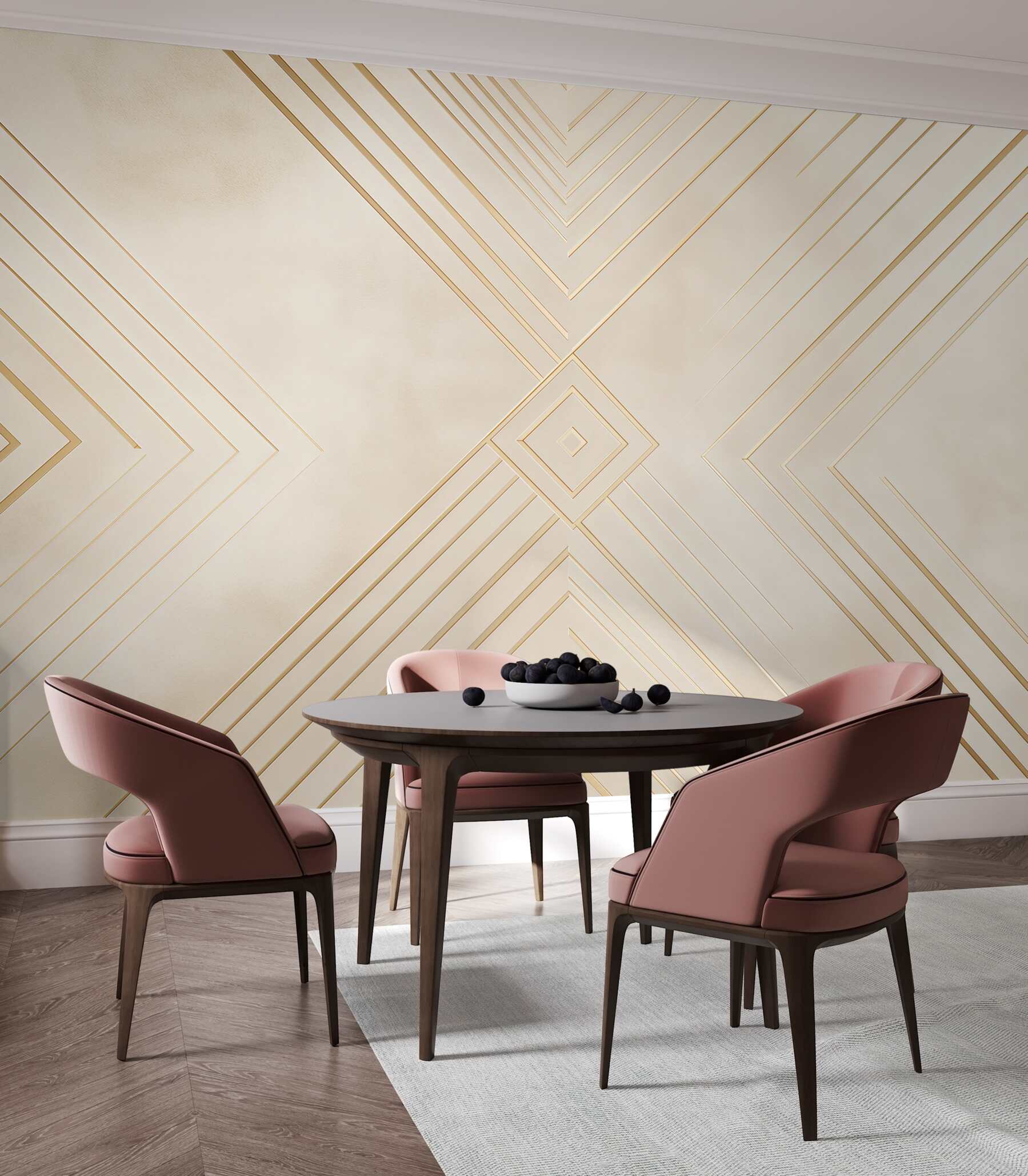 Fototapeta geometryczny art deco beżowa ze złotymi liniami do salonu?v2345