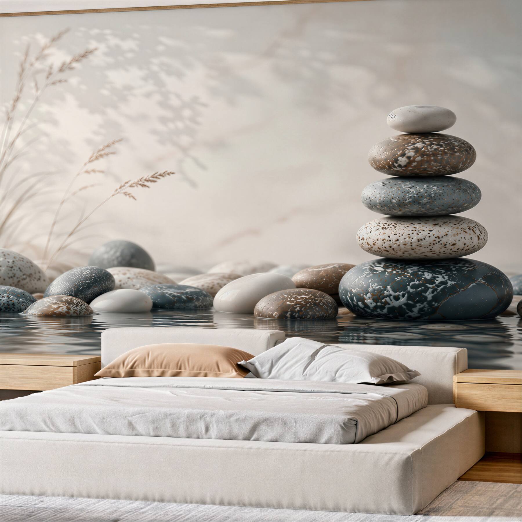 Fototapeta kamienie zen nad wodą beżowo-szare spokojny motyw spa