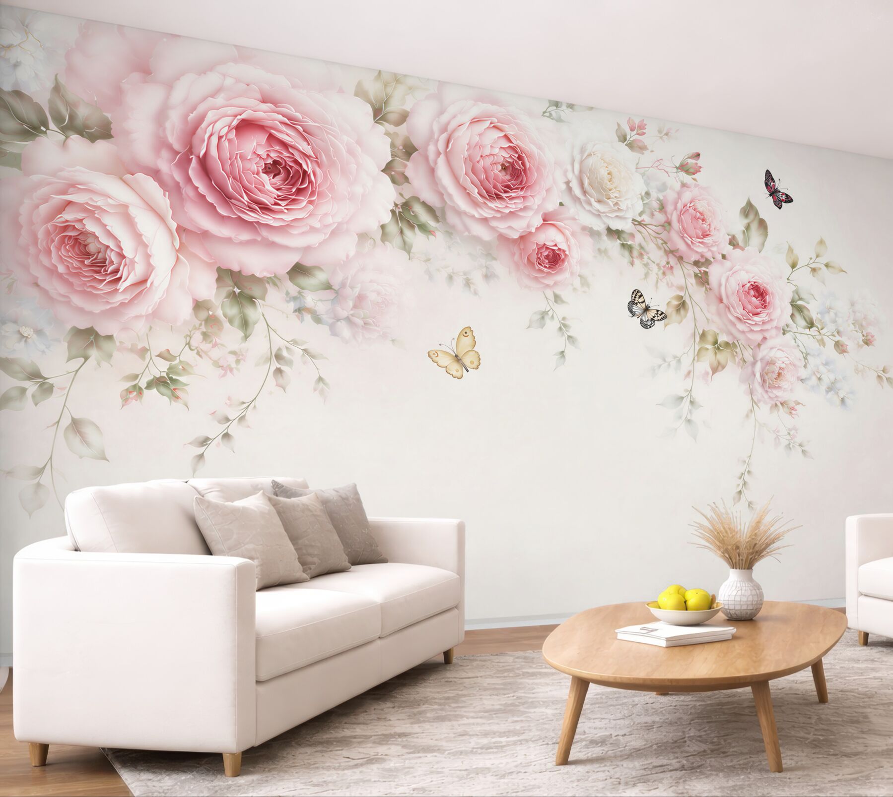 Fototapeta różowe peonie z motylami na jasnym tle subtelna romantyczna?v2345