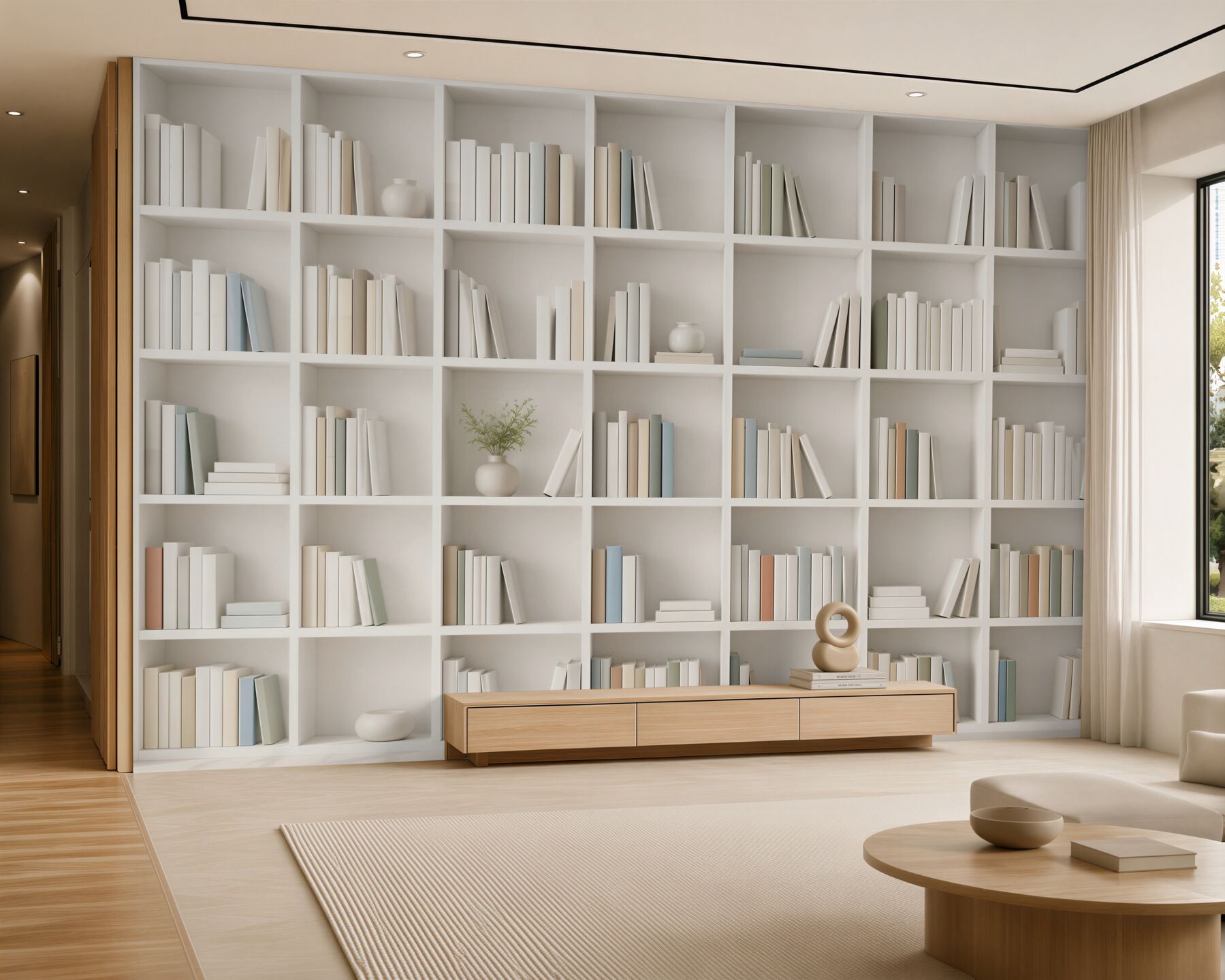 Fototapeta biała biblioteczka z książkami minimalistyczna do gabinetu i salonu?v2345
