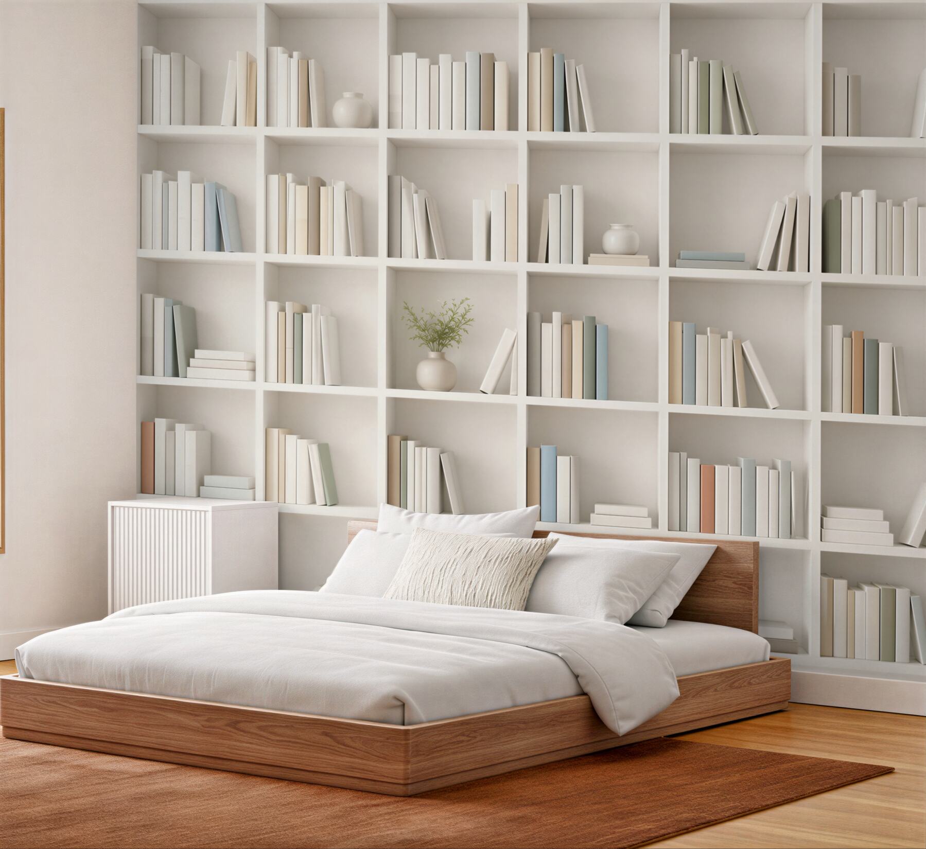 Fototapeta biała biblioteczka z książkami minimalistyczna do gabinetu i salonu?v2345