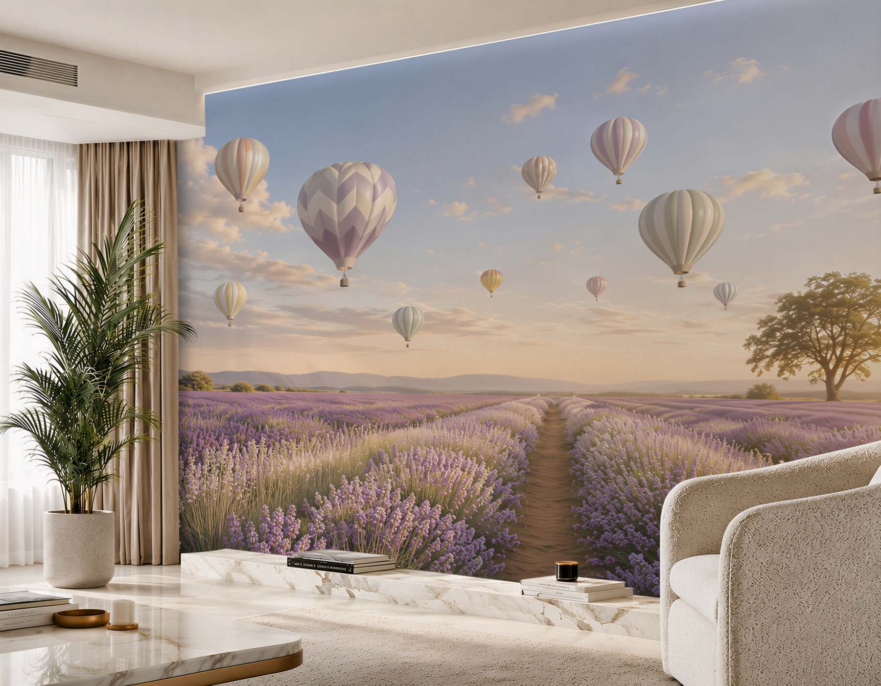 Fototapeta lawendowe pole z balonami w pastelowym niebie romantyczna?v2345