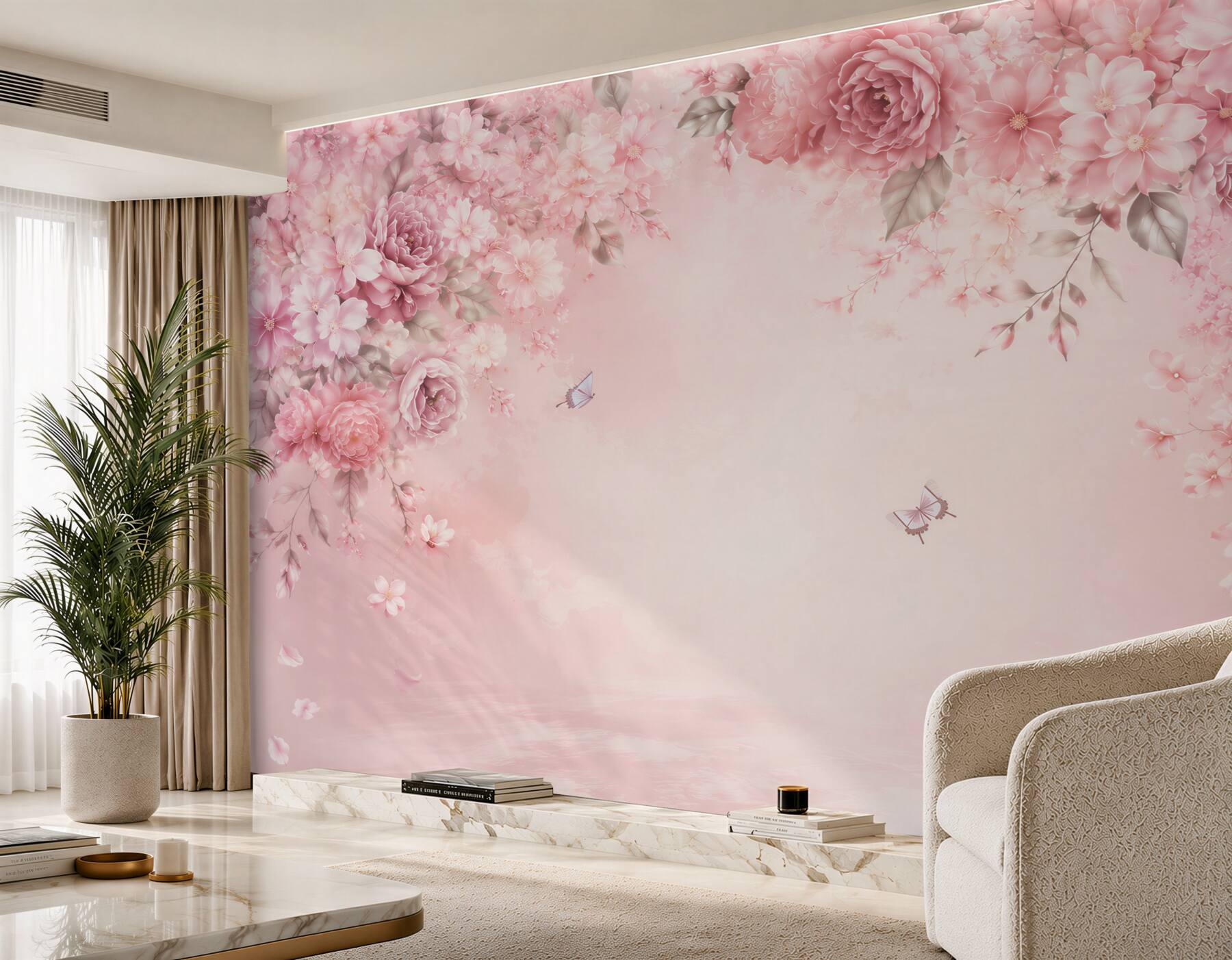 Fototapeta różowe kwiaty peonie i wiśnie z motylami romantyczna?v2345