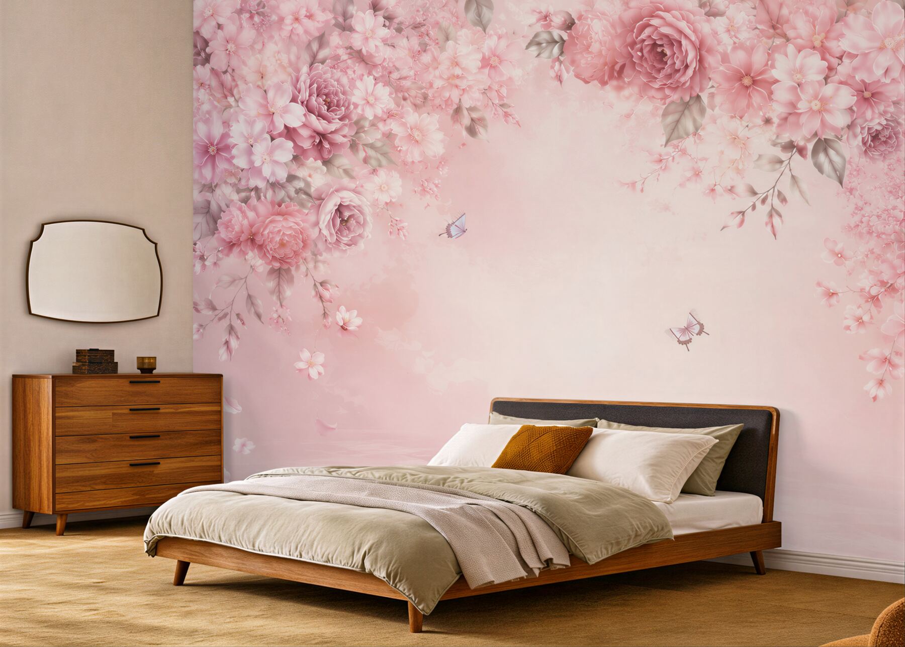 Fototapeta różowe kwiaty peonie i wiśnie z motylami romantyczna?v2345