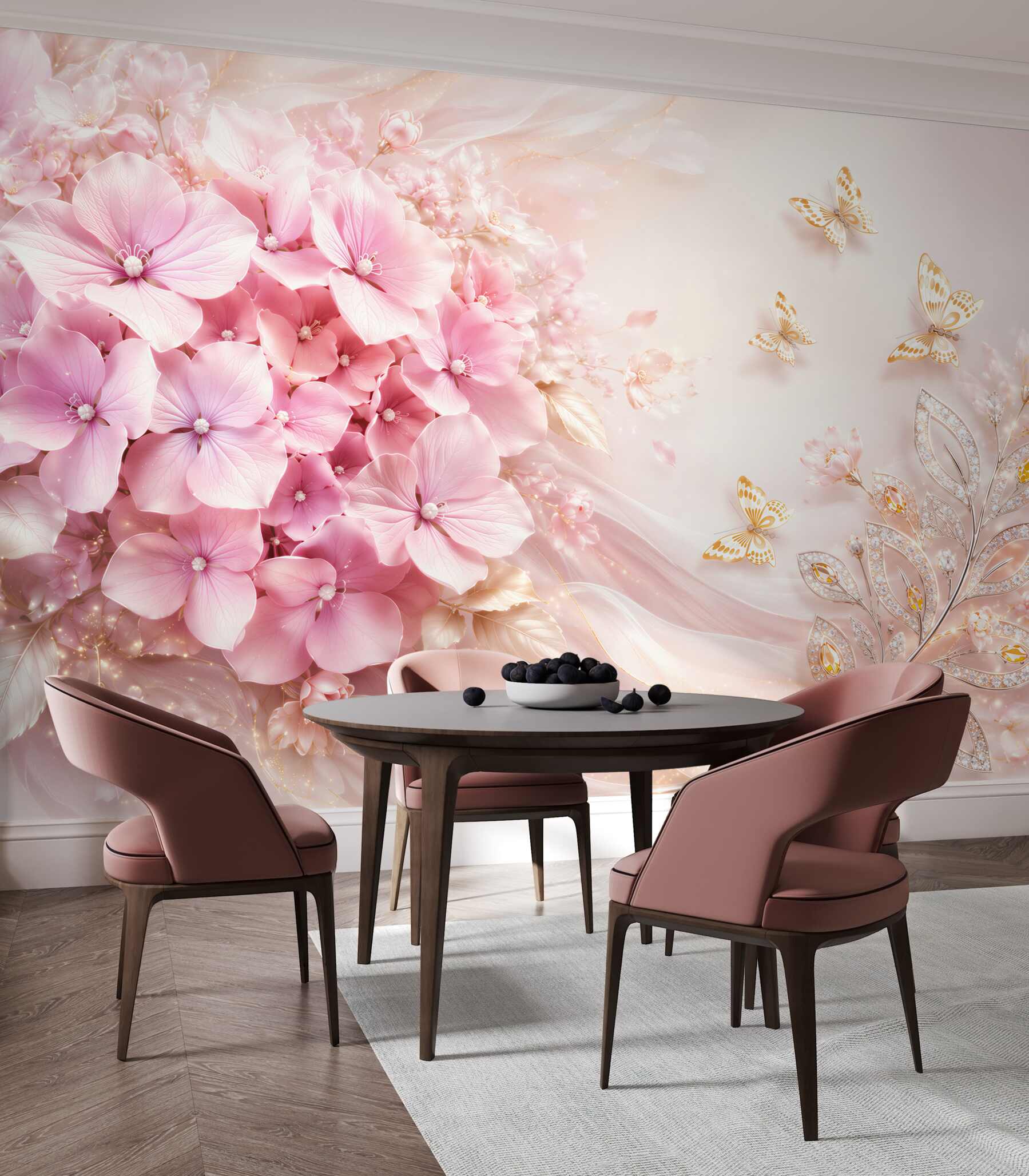 Fototapeta różowe hortensje z motylami elegancka pastelowa kompozycja?v2345
