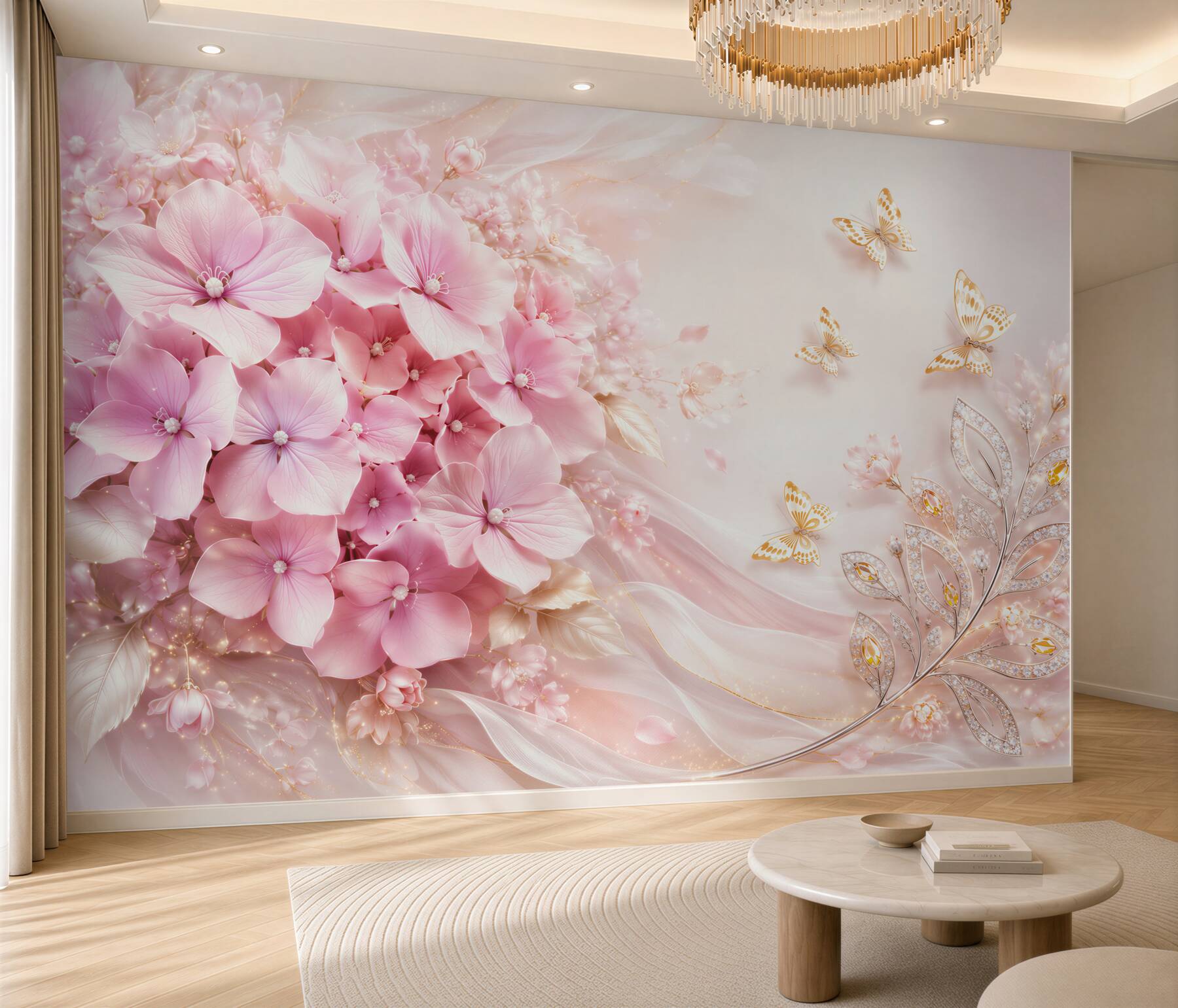 Fototapeta różowe hortensje z motylami elegancka pastelowa kompozycja?v2345