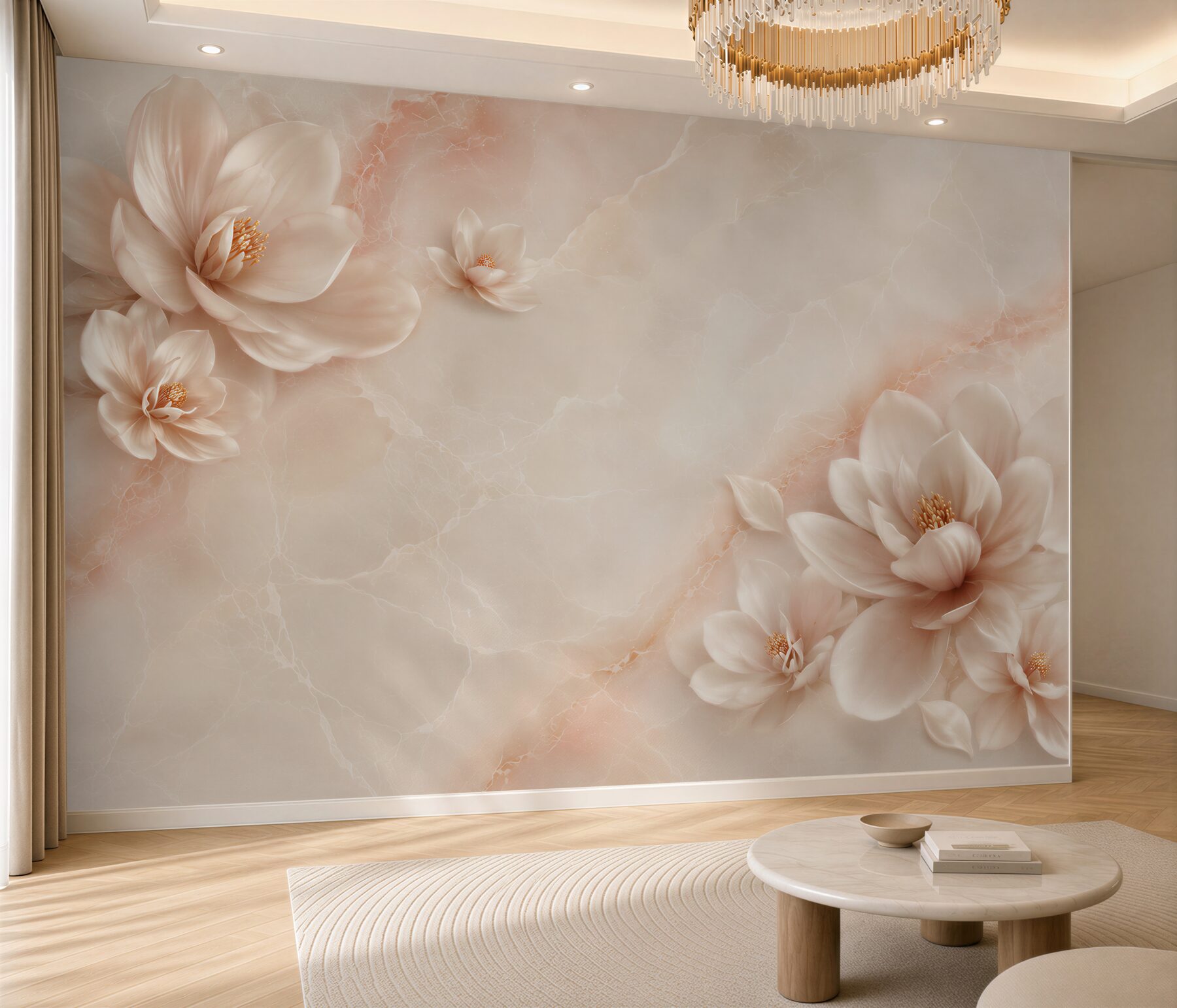 Fototapeta kwiaty magnolii beżowe na marmurowym tle elegancka?v2345