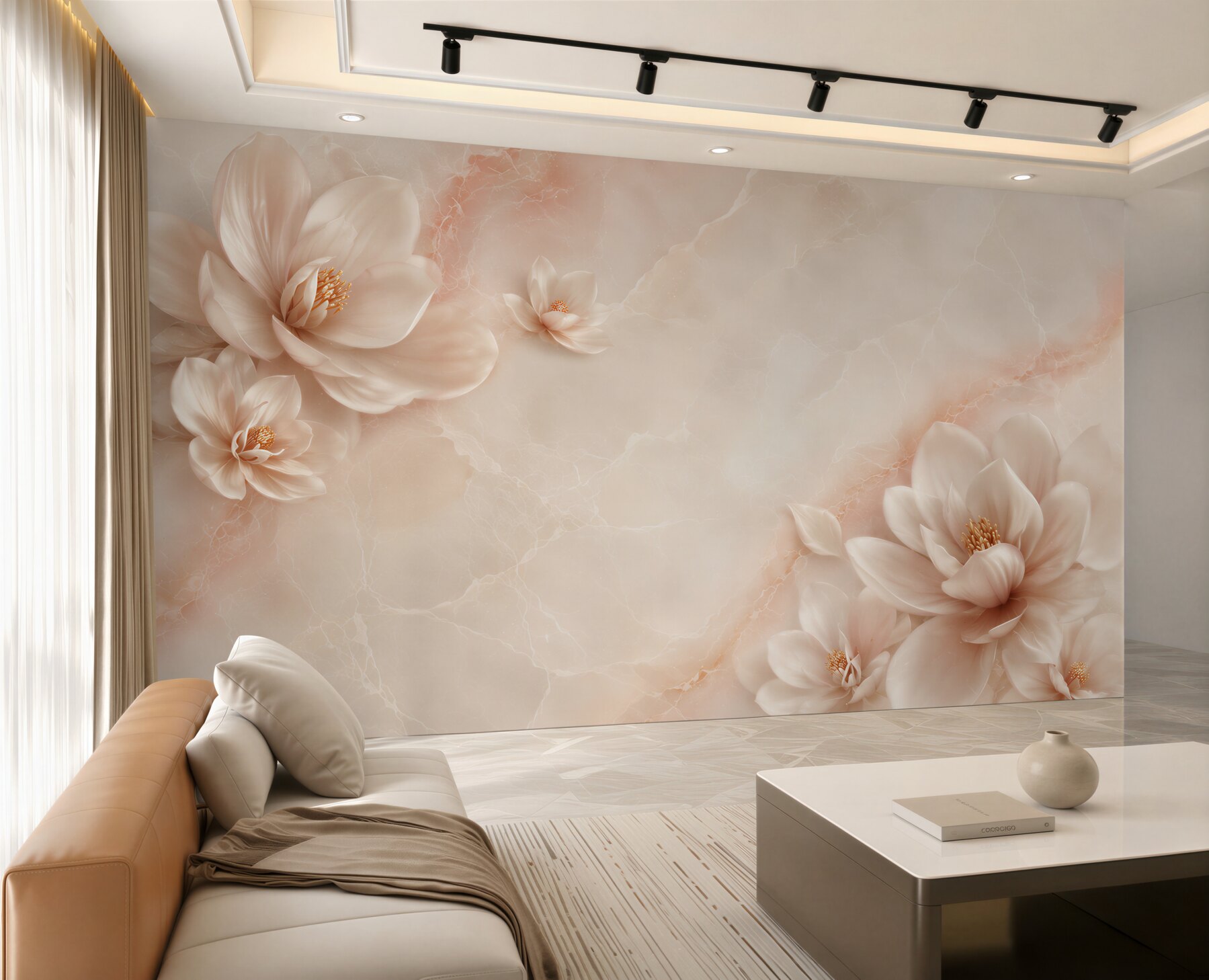 Fototapeta kwiaty magnolii beżowe na marmurowym tle elegancka?v2345