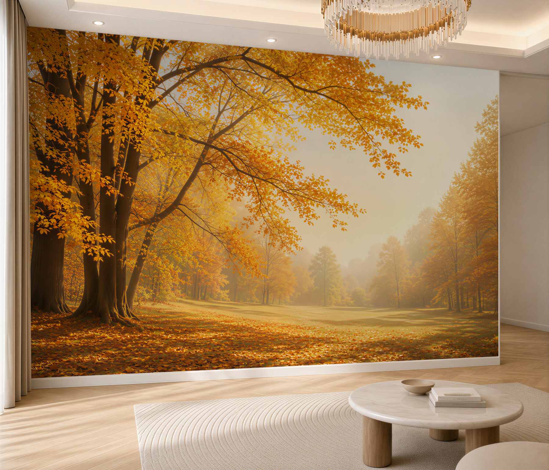 Fototapeta jesienny park ze złotymi drzewami w porannym świetle?v2345