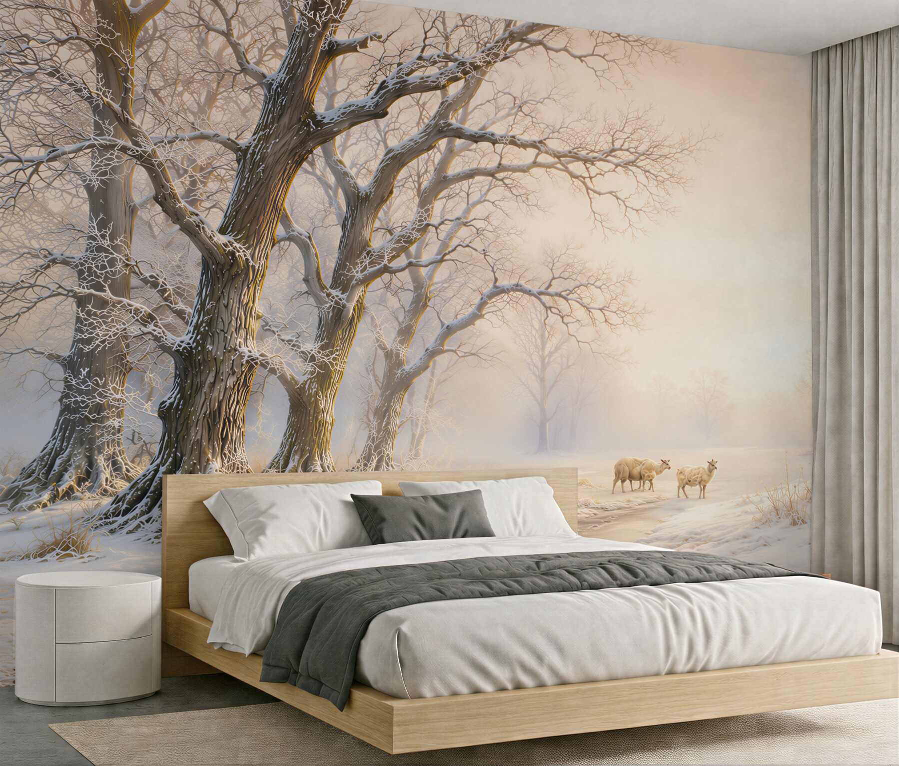 Fototapeta zimowy las ze strumykiem i owcami w jasnych beżach?v2345
