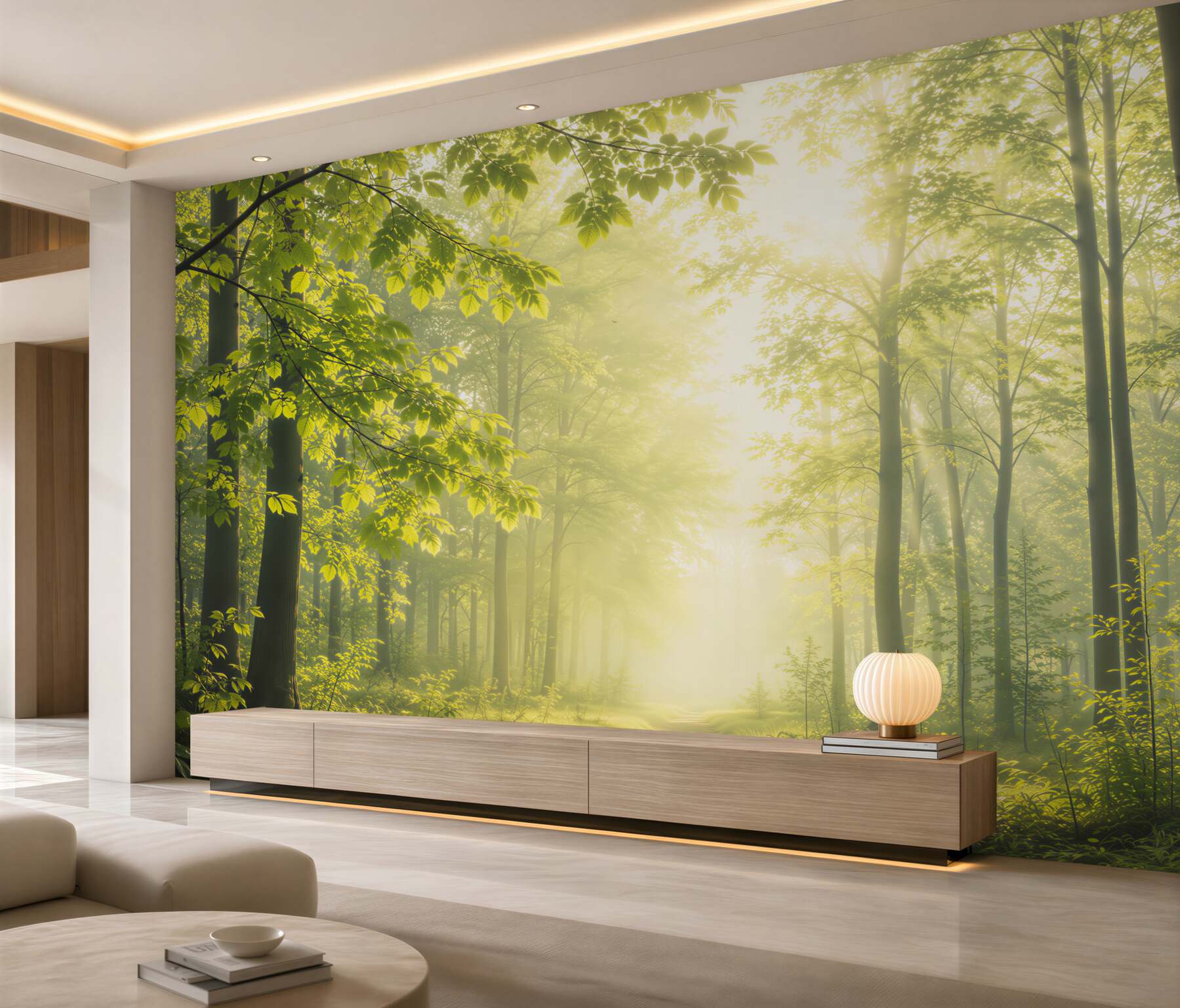 Fototapeta słoneczny las z leśną ścieżką w zielonych naturalnych barwach?v2345