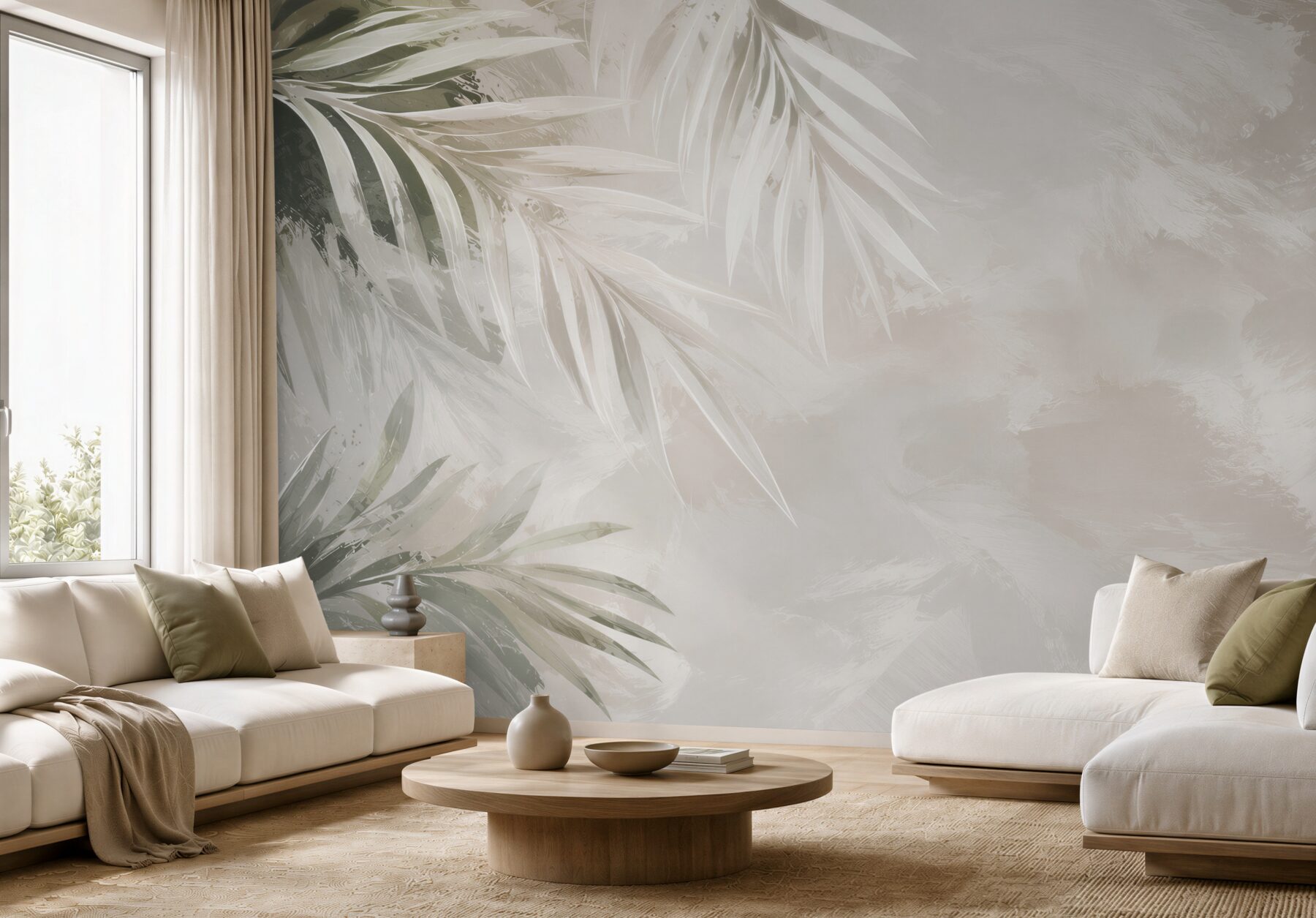 Fototapeta jasne liście palmowe beżowo szare w subtelnym stylu tropical?v2345