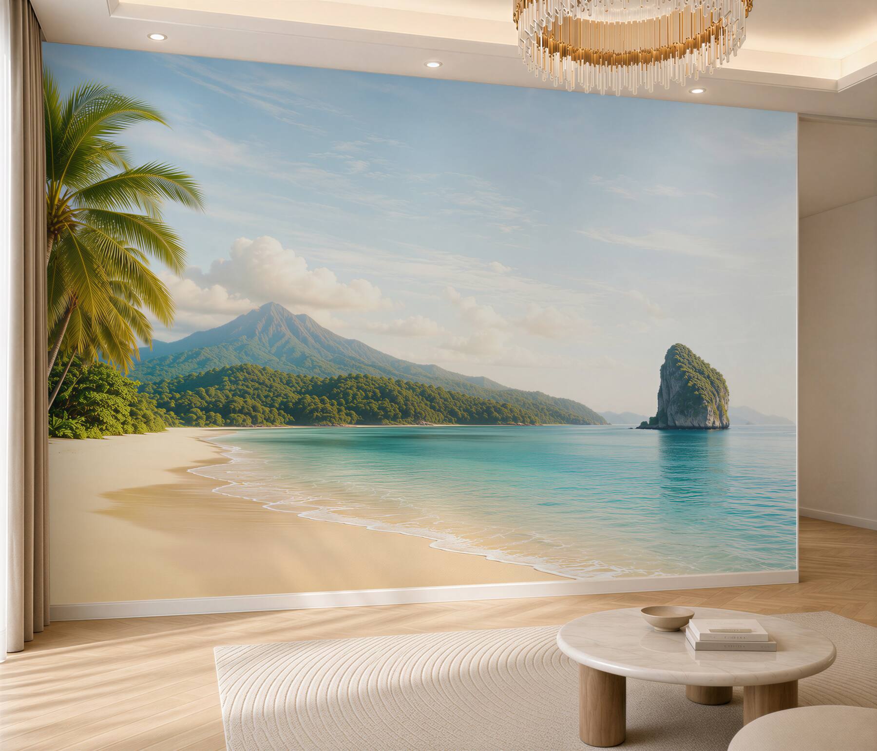 Fototapeta rajska plaża z palmą turkusowym morzem i górą w tle?v2345