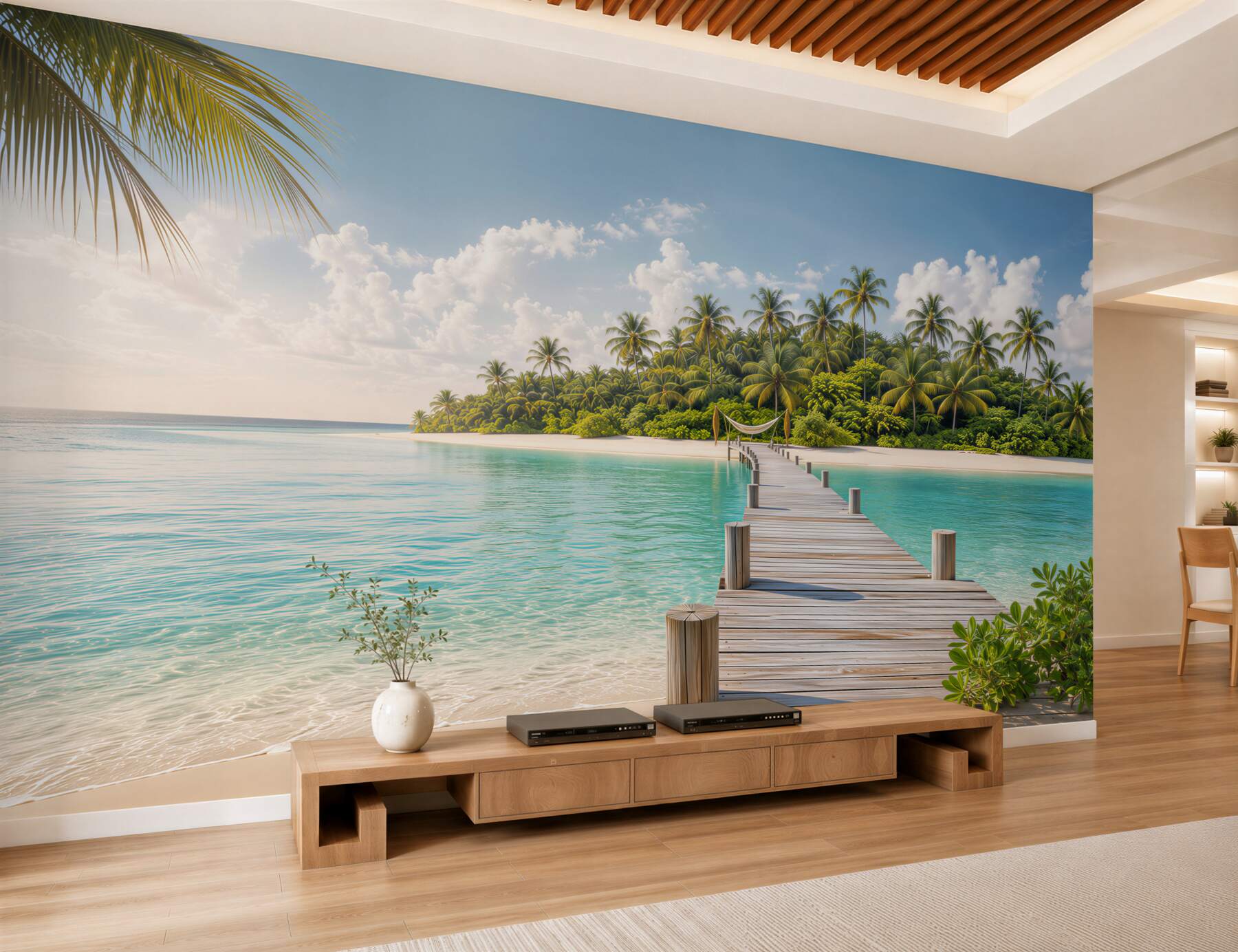 Fototapeta tropikalna wyspa z drewnianym pomostem i palmami?v2345