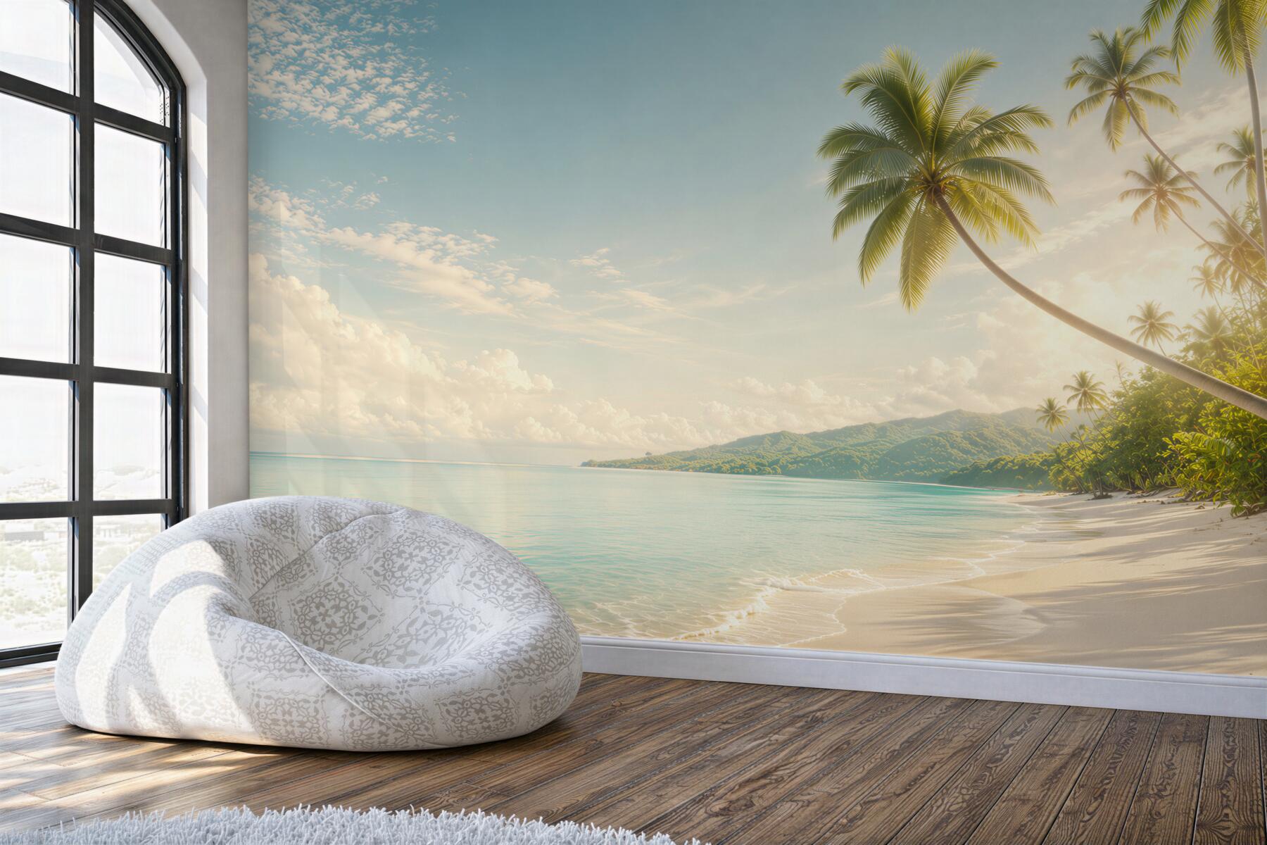 Fototapeta rajska plaża z palmami i górami w pastelowych barwach?v2345