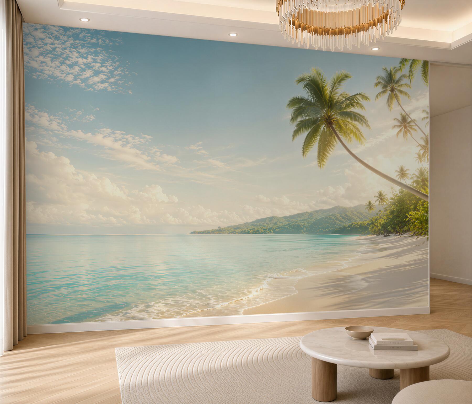 Fototapeta rajska plaża z palmami i górami w pastelowych barwach?v2345