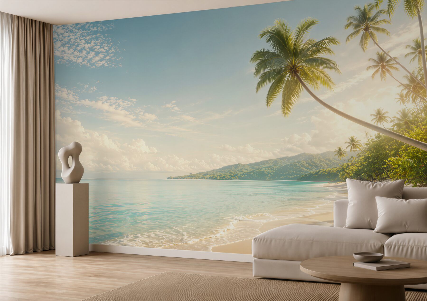 Fototapeta rajska plaża z palmami i górami w pastelowych barwach?v2345