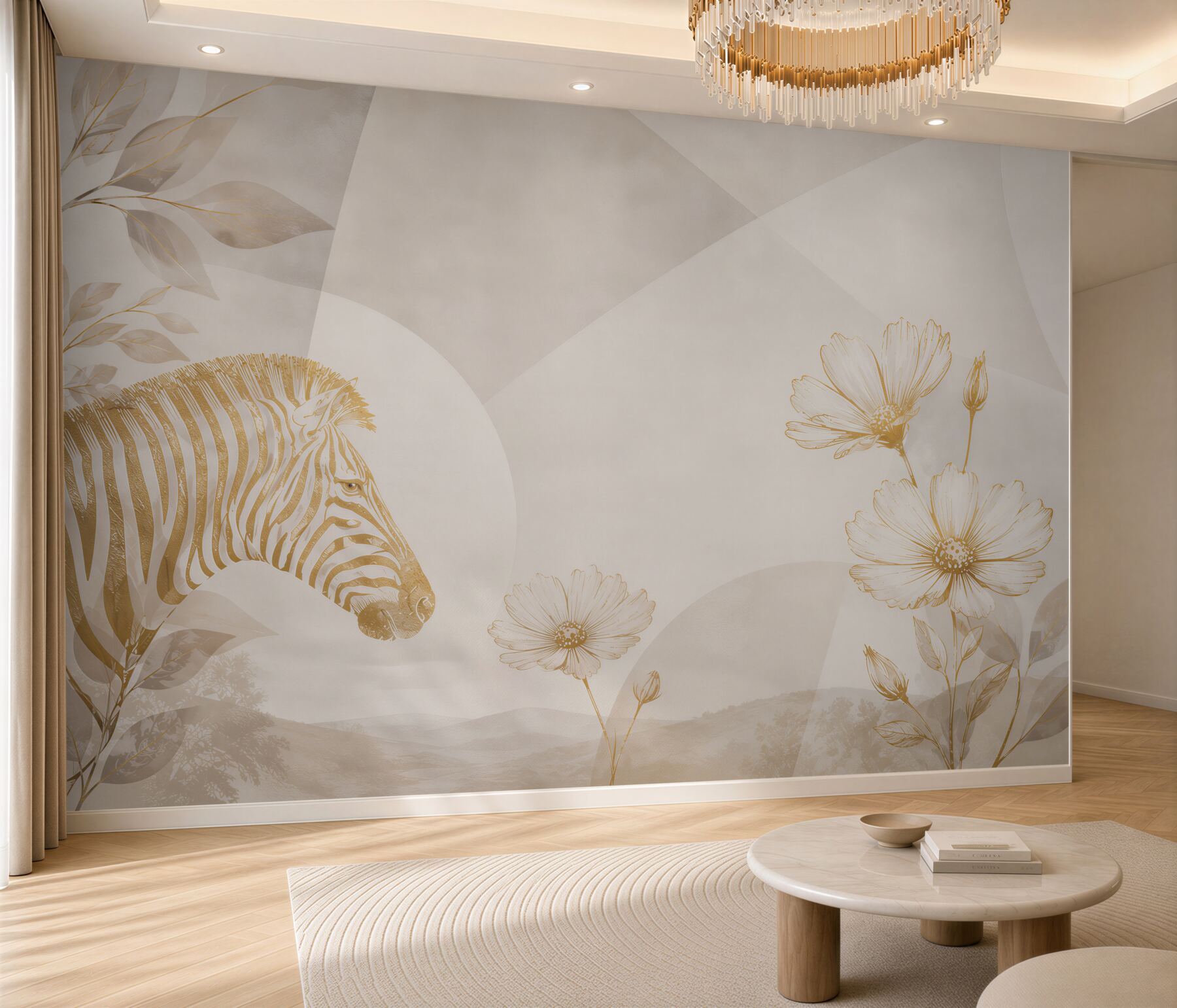 Fototapeta zebra i kwiaty beżowa nowoczesna w stylu safari?v2345