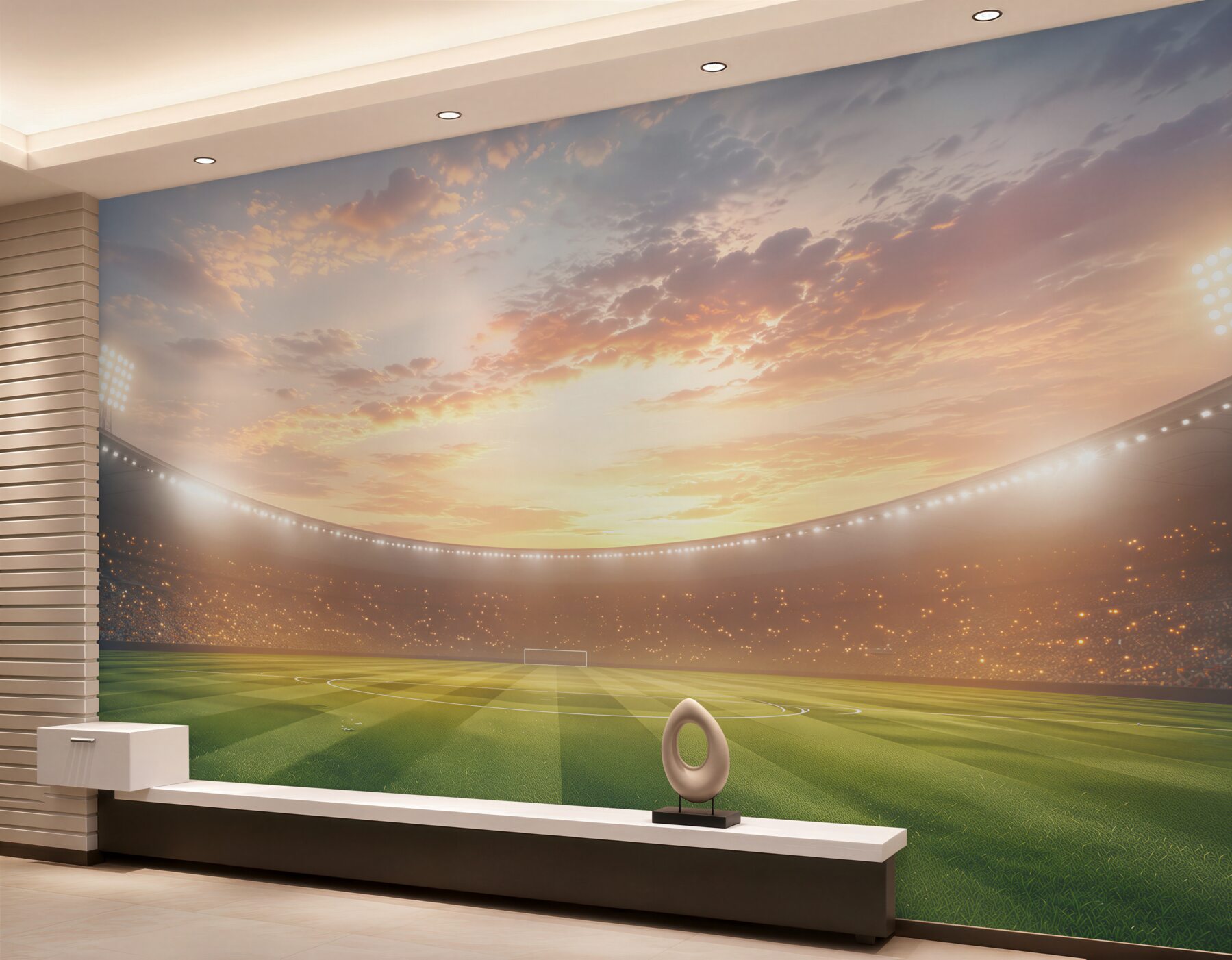 Fototapeta stadion piłkarski o zachodzie słońca z zieloną murawą?v2345