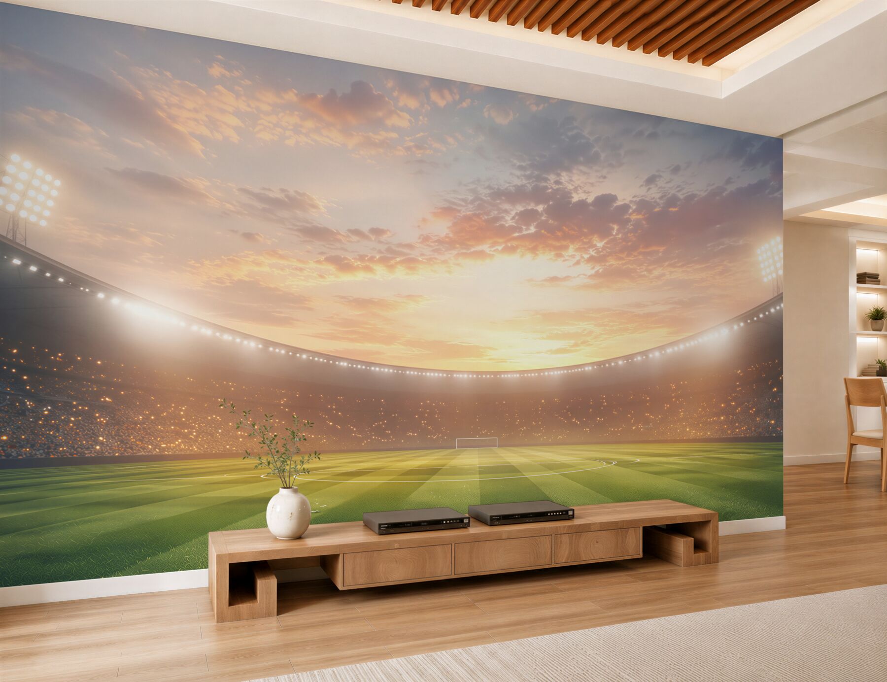 Fototapeta stadion piłkarski o zachodzie słońca z zieloną murawą?v2345
