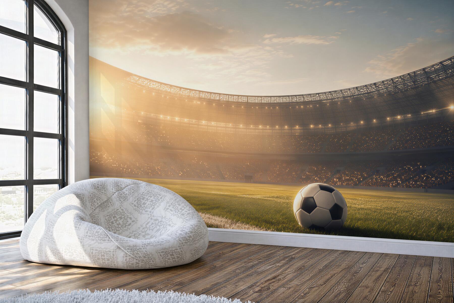 Fototapeta piłka nożna na stadionie o zachodzie słońca sportowa?v2345