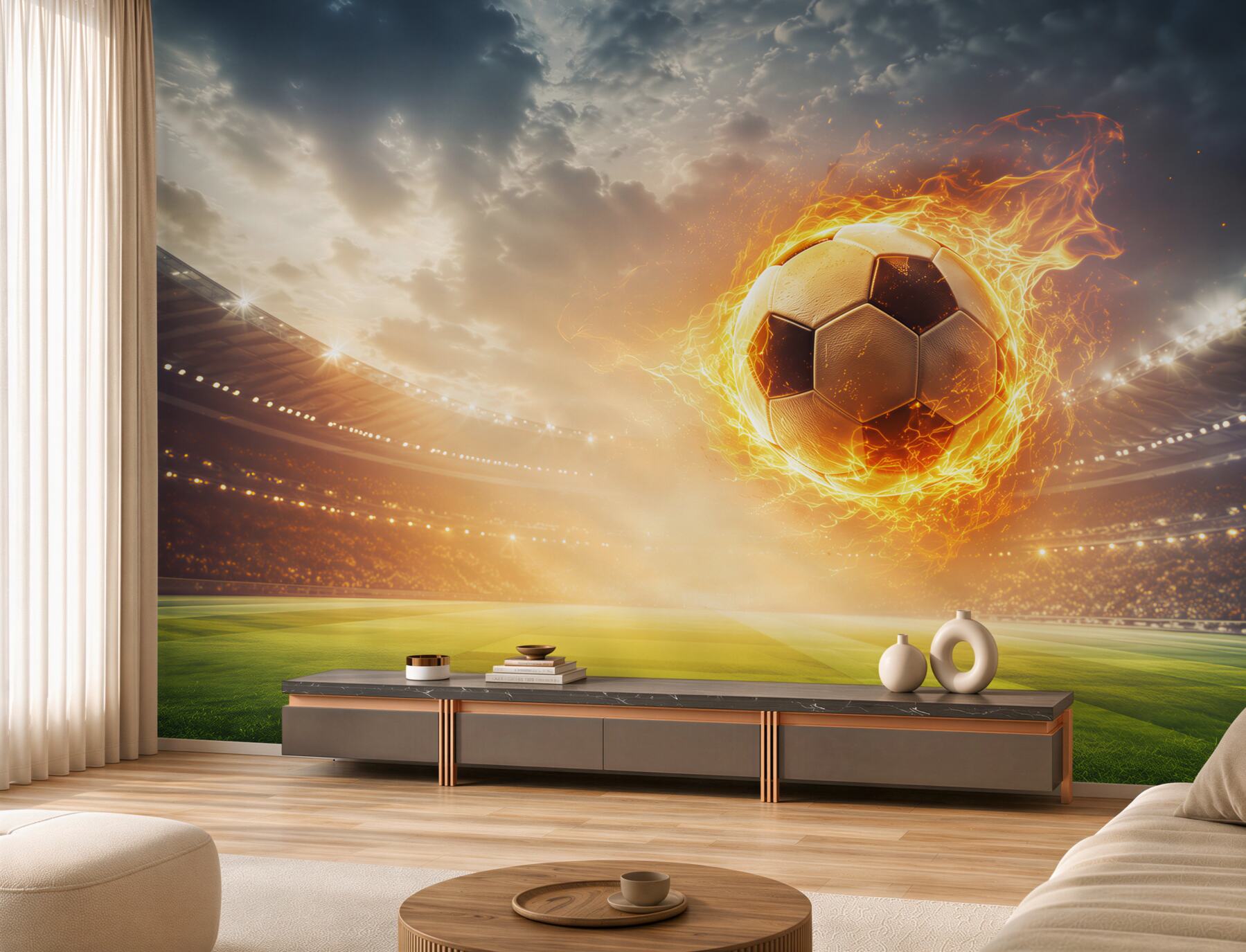 Fototapeta płonąca piłka nożna na stadionie dynamiczna sportowa?v2345