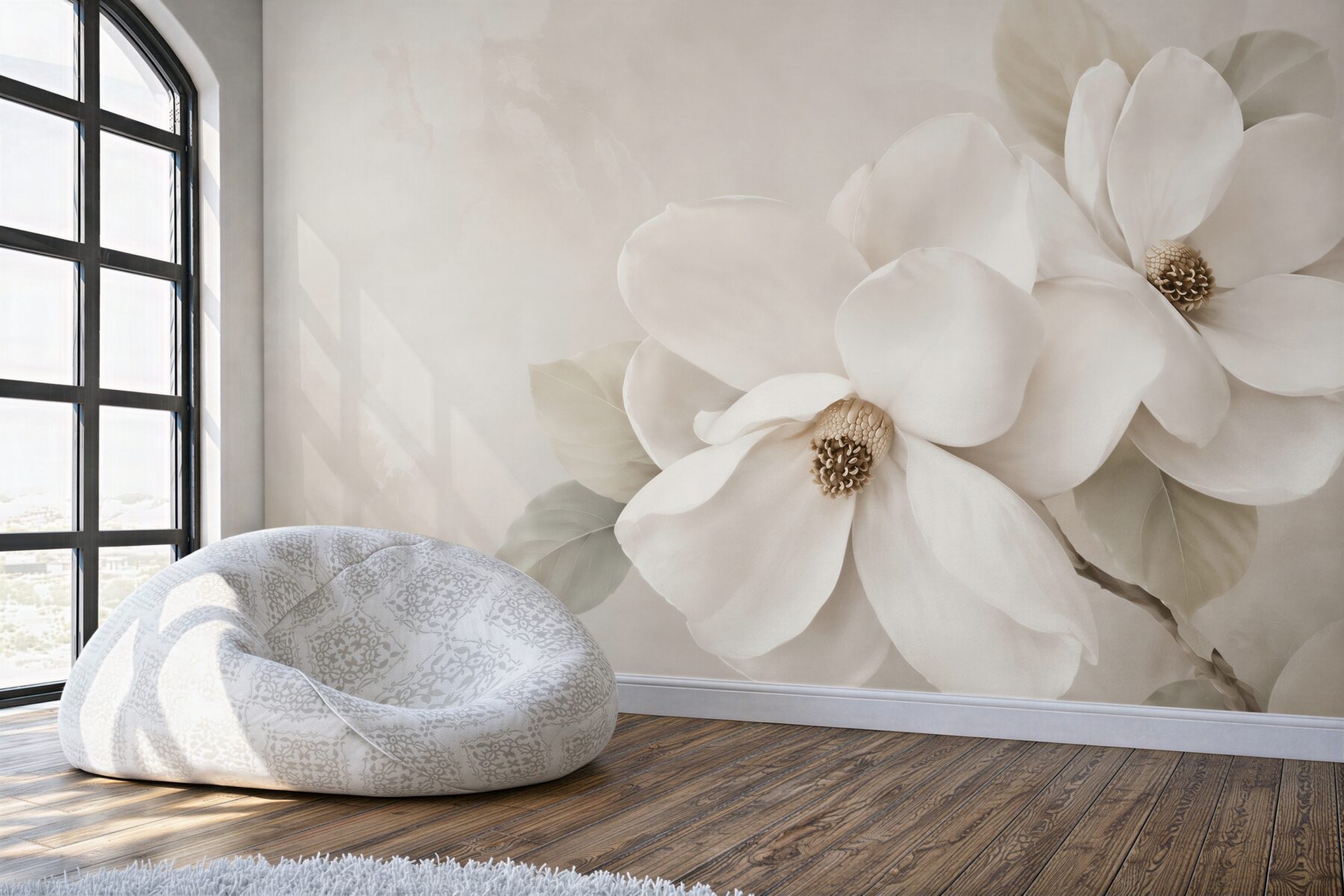 Fototapeta białe magnolie na beżowym tle elegancka do salonu?v2345